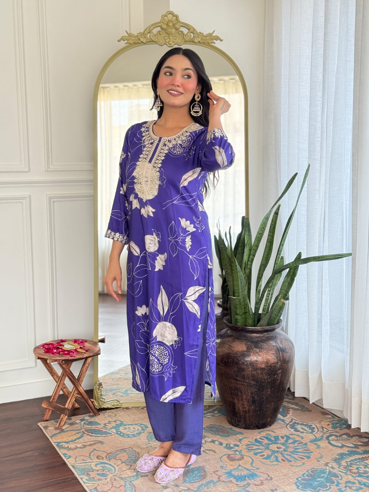 Women's Muslin & Chanderi Embroidered Kurta with Pant|Muslin & Chanderi| Embroidered Suit Set | A-line Salwar Kameez -Work Kurta & Pant