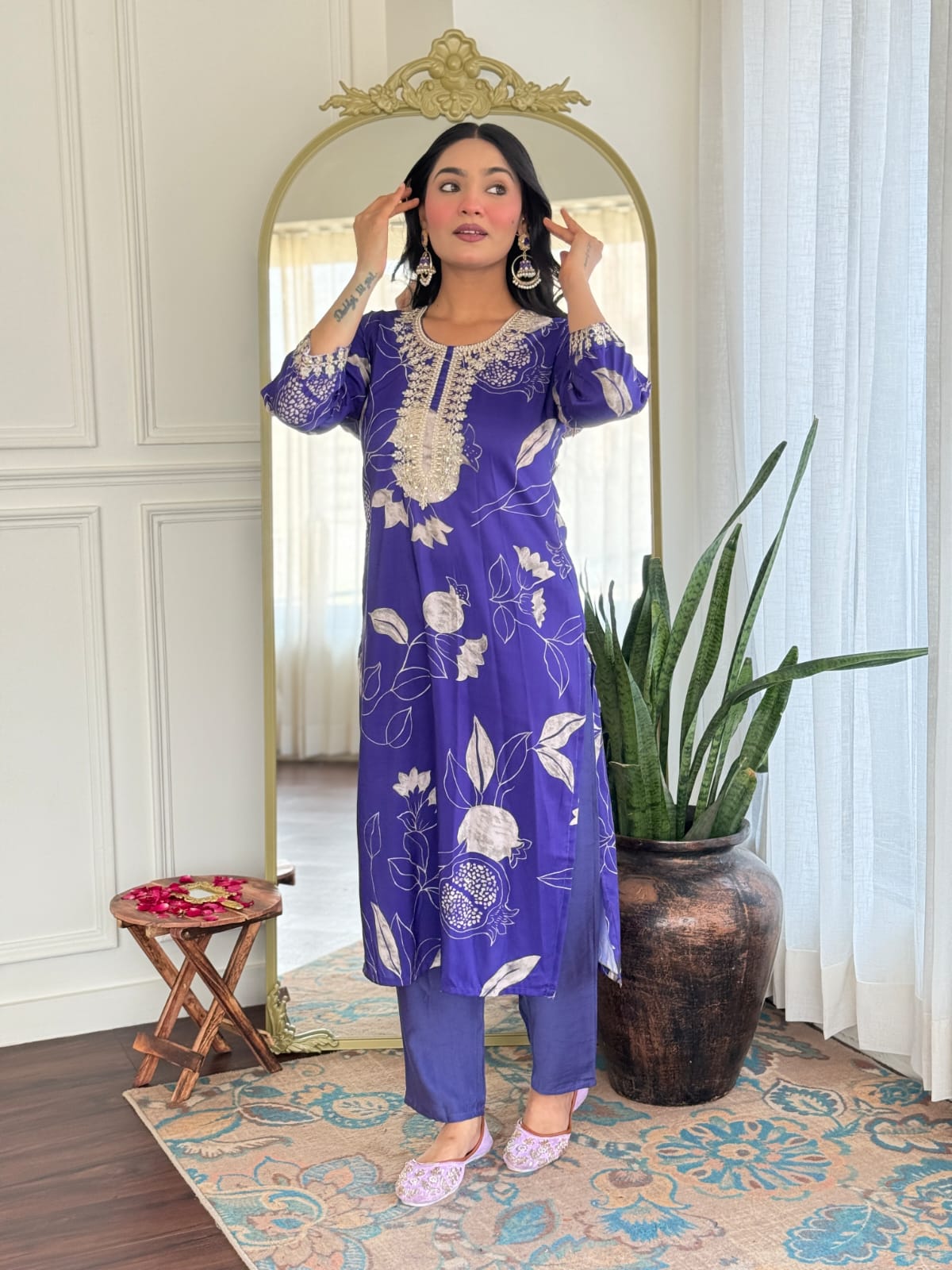 Women's Muslin & Chanderi Embroidered Kurta with Pant|Muslin & Chanderi| Embroidered Suit Set | A-line Salwar Kameez -Work Kurta & Pant