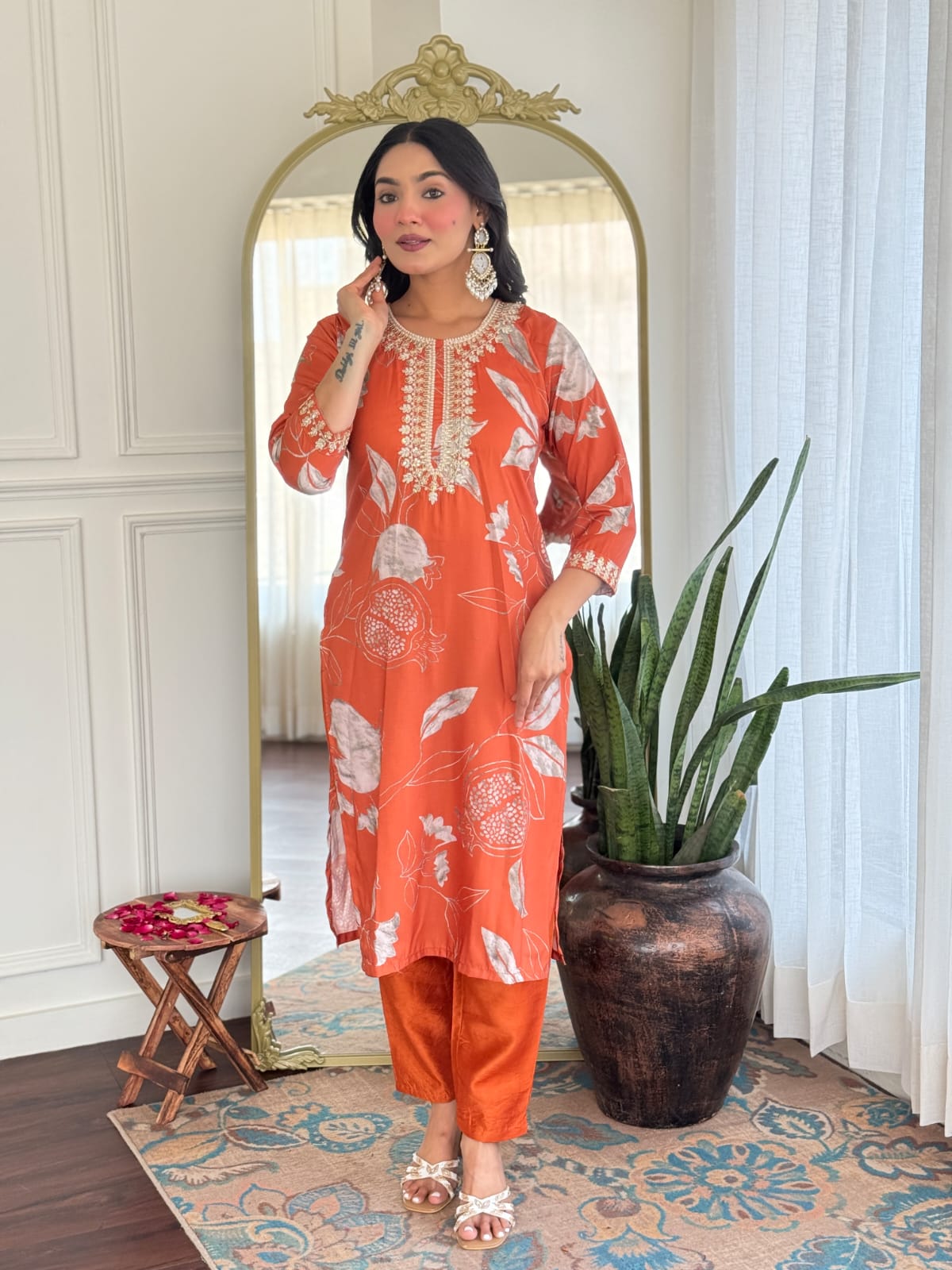 Women's Muslin & Chanderi Embroidered Kurta with Pant|Muslin & Chanderi| Embroidered Suit Set | A-line Salwar Kameez -Work Kurta & Pant