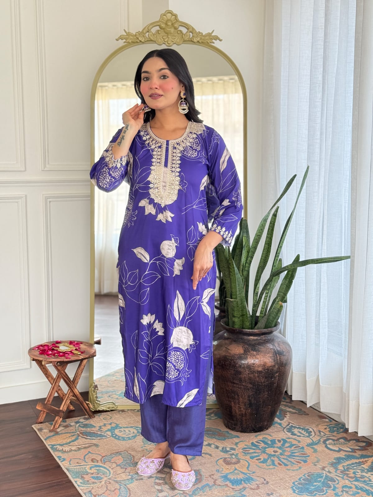 Women's Muslin & Chanderi Embroidered Kurta with Pant|Muslin & Chanderi| Embroidered Suit Set | A-line Salwar Kameez -Work Kurta & Pant