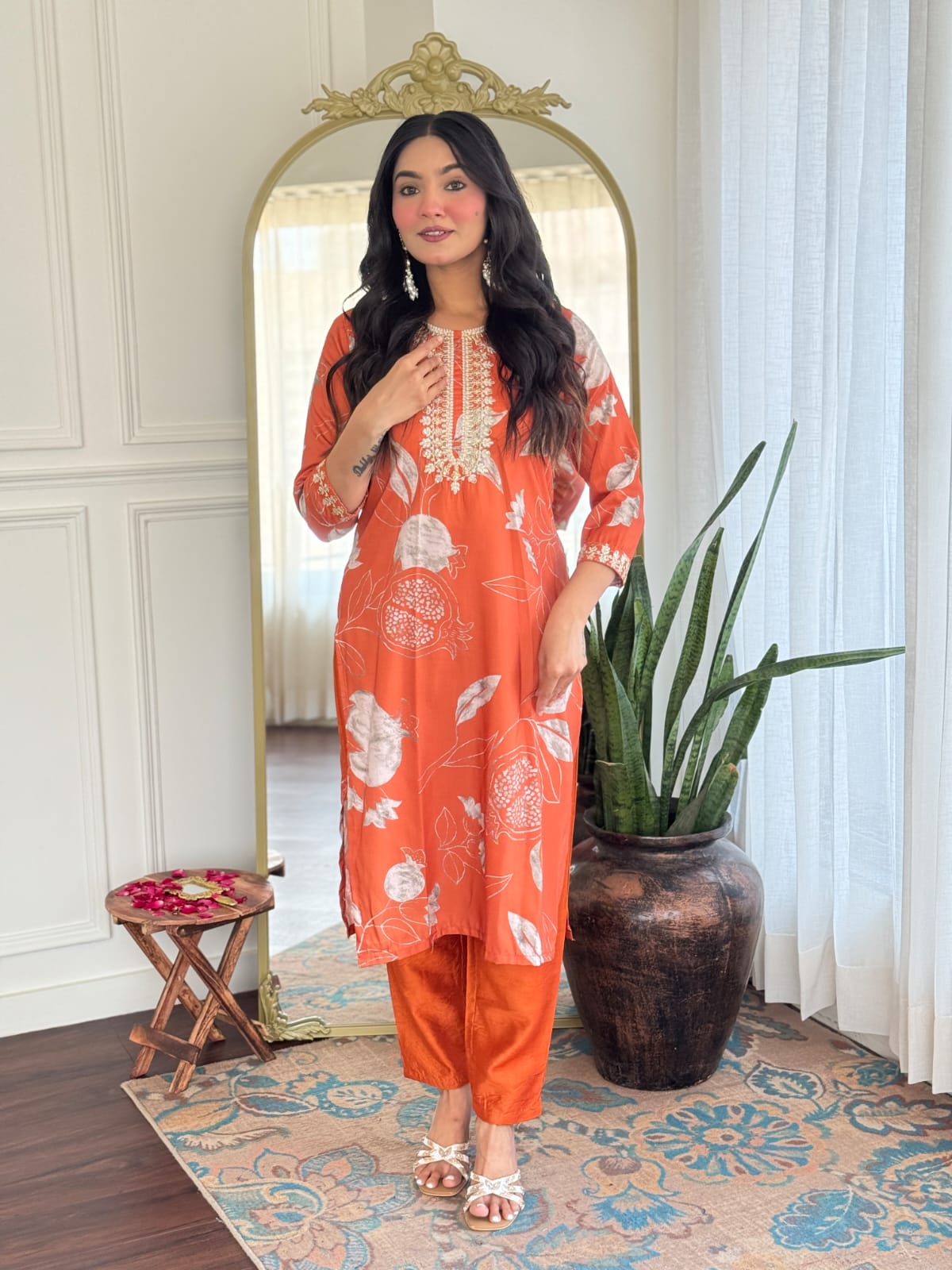 Women's Muslin & Chanderi Embroidered Kurta with Pant|Muslin & Chanderi| Embroidered Suit Set | A-line Salwar Kameez -Work Kurta & Pant