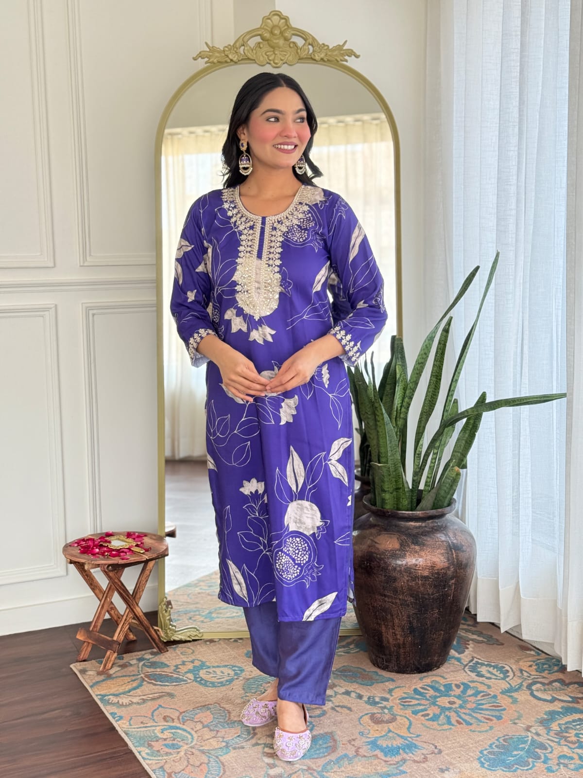 Women's Muslin & Chanderi Embroidered Kurta with Pant|Muslin & Chanderi| Embroidered Suit Set | A-line Salwar Kameez -Work Kurta & Pant