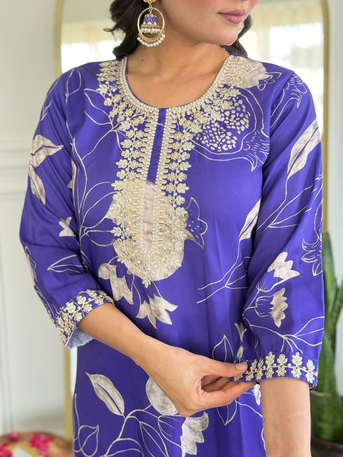 Women's Muslin & Chanderi Embroidered Kurta with Pant|Muslin & Chanderi| Embroidered Suit Set | A-line Salwar Kameez -Work Kurta & Pant