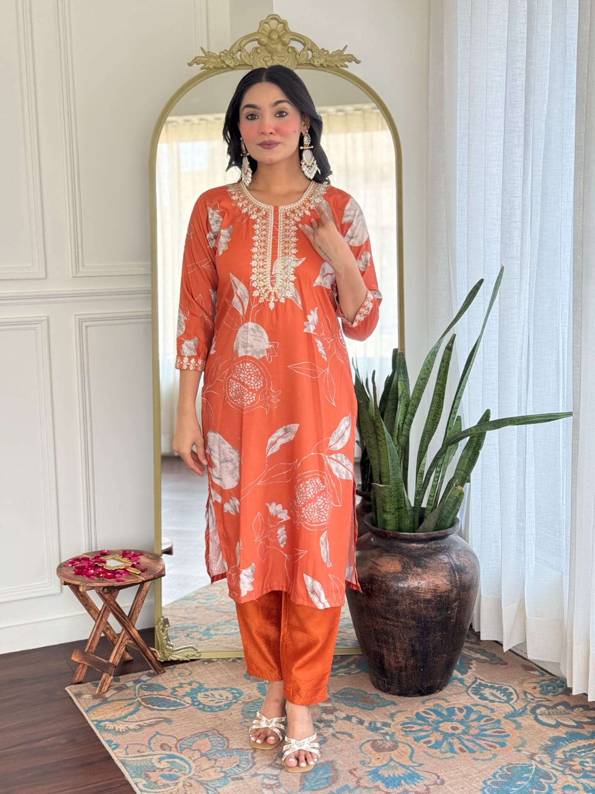 Women's Muslin & Chanderi Embroidered Kurta with Pant|Muslin & Chanderi| Embroidered Suit Set | A-line Salwar Kameez -Work Kurta & Pant