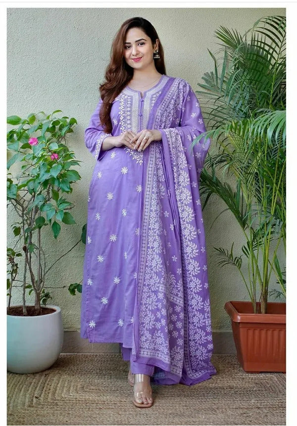 Women's Lavendar Embroidered Straight Kurta with Pure Cotton Pant &  Cotton Printed Dupatta Set