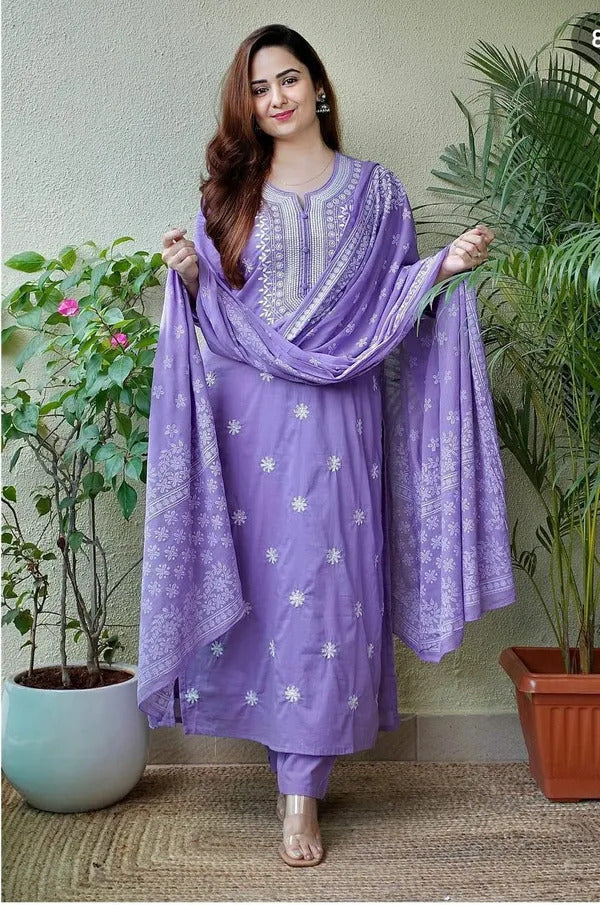Women's Lavendar Embroidered Straight Kurta with Pure Cotton Pant &  Cotton Printed Dupatta Set