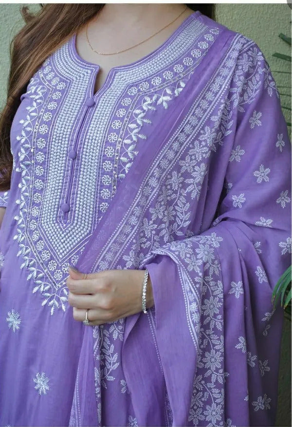 Women's Lavendar Embroidered Straight Kurta with Pure Cotton Pant &  Cotton Printed Dupatta Set