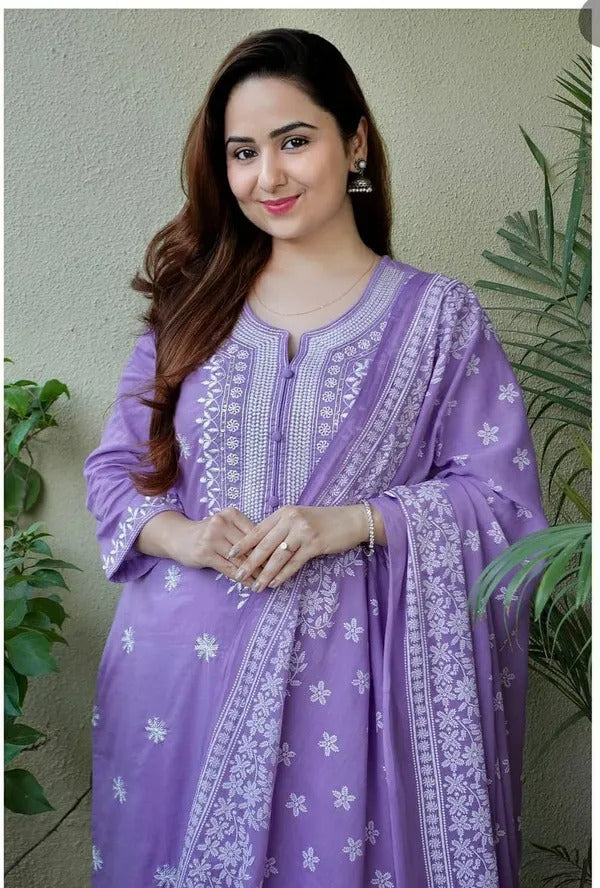 Women's Lavendar Embroidered Straight Kurta with Pure Cotton Pant &  Cotton Printed Dupatta Set