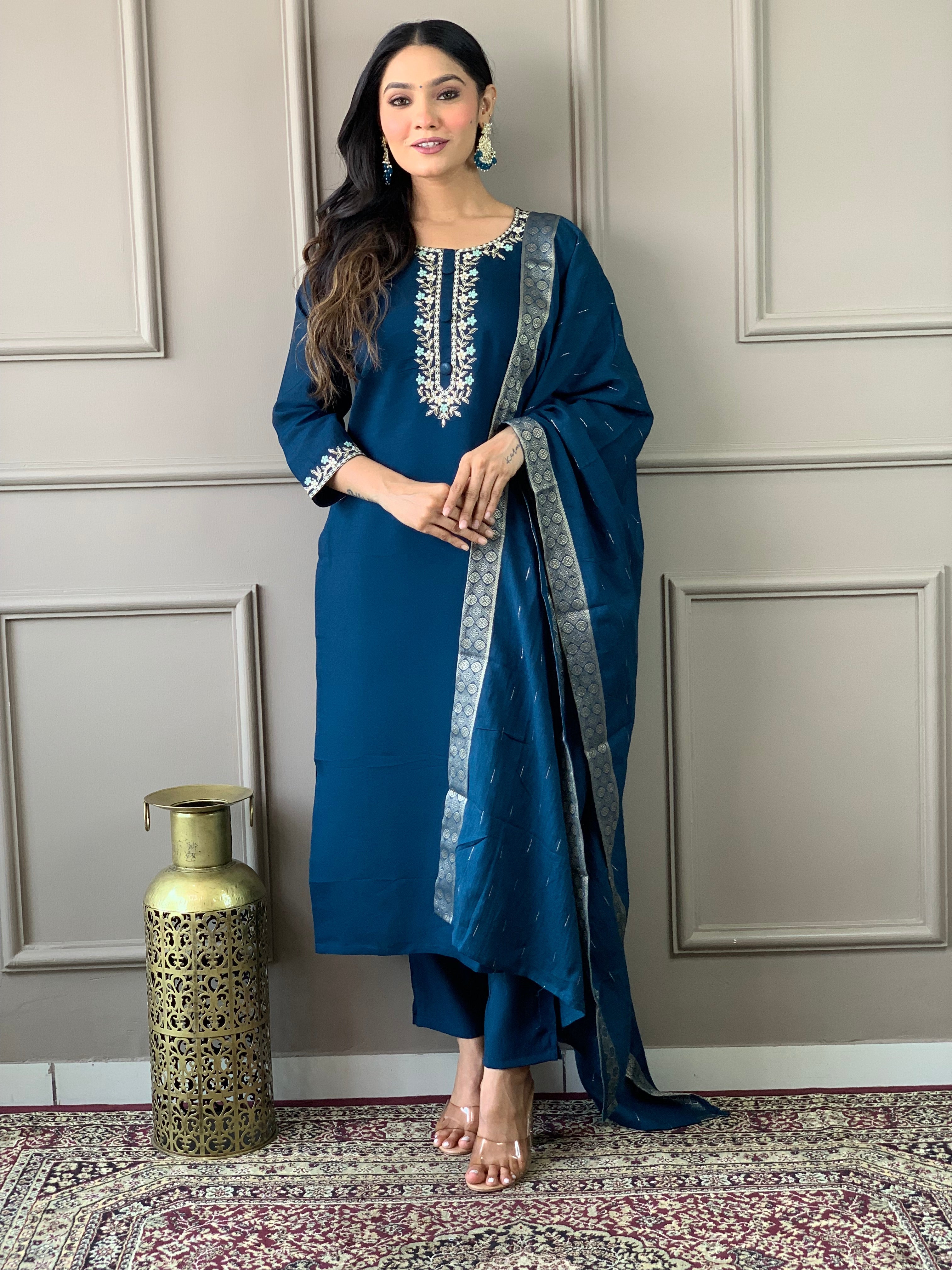 Women's Embroidered Straight Kurta with Viscose Chanderi Pant & Cotton Jacquard Printed Dupatta Set