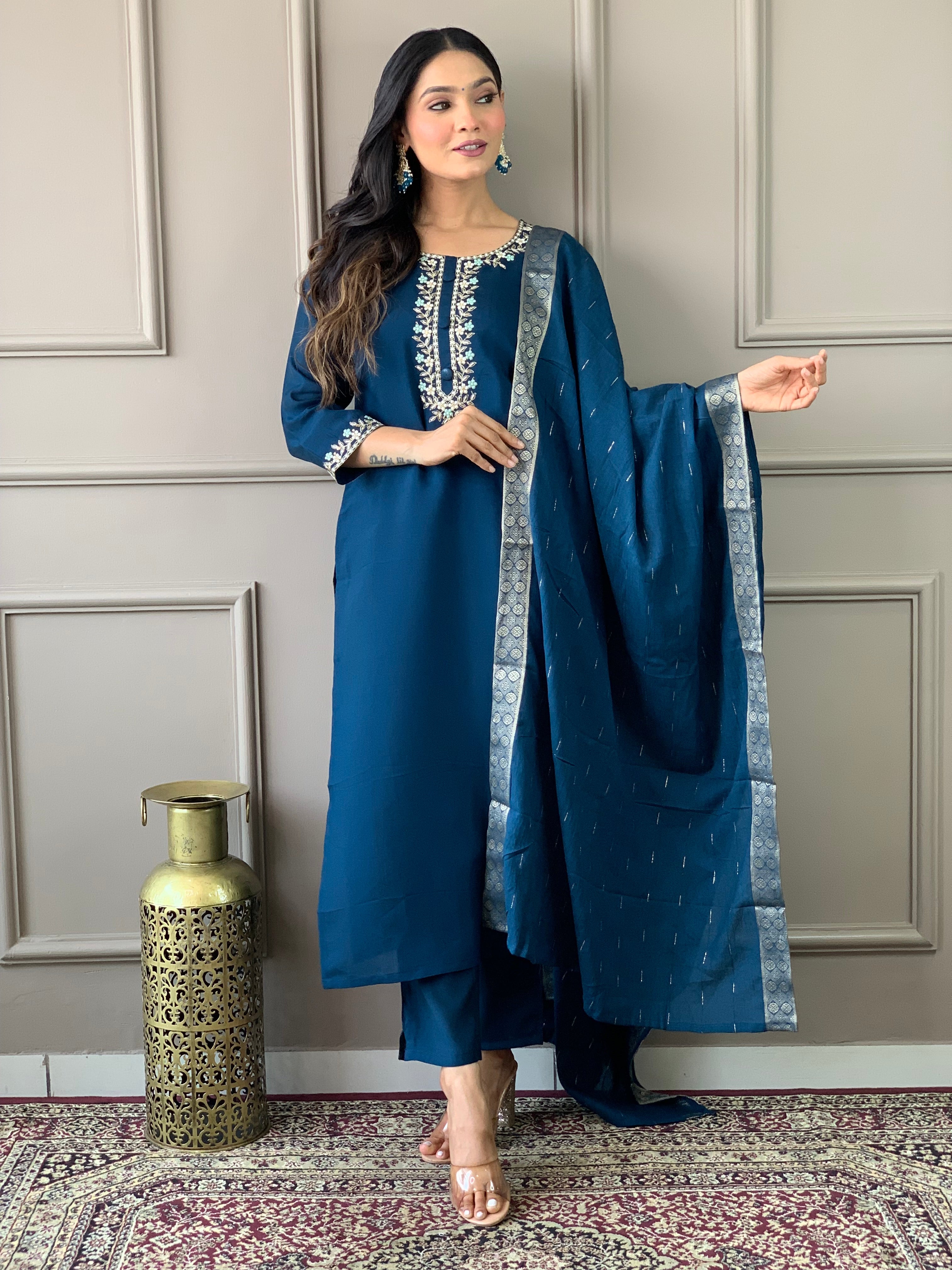 Women's Embroidered Straight Kurta with Viscose Chanderi Pant & Cotton Jacquard Printed Dupatta Set