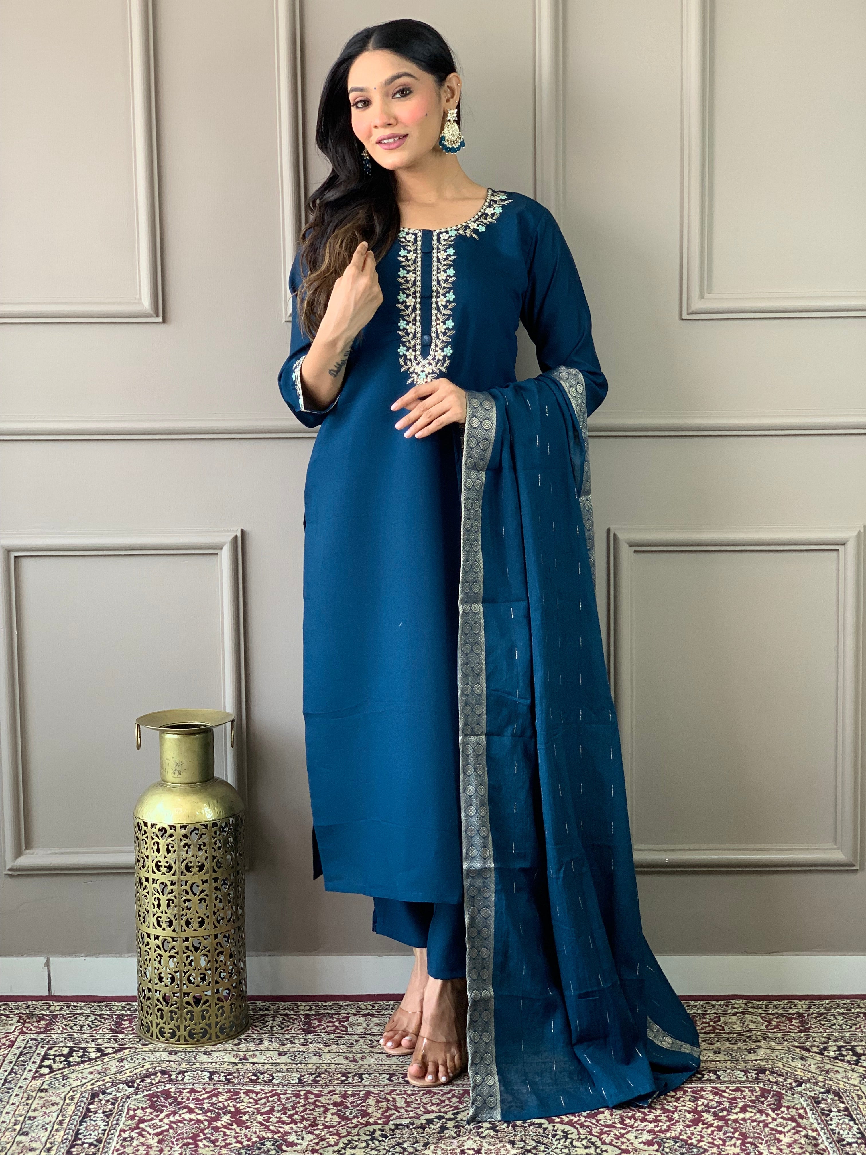 Women's Embroidered Straight Kurta with Viscose Chanderi Pant & Cotton Jacquard Printed Dupatta Set