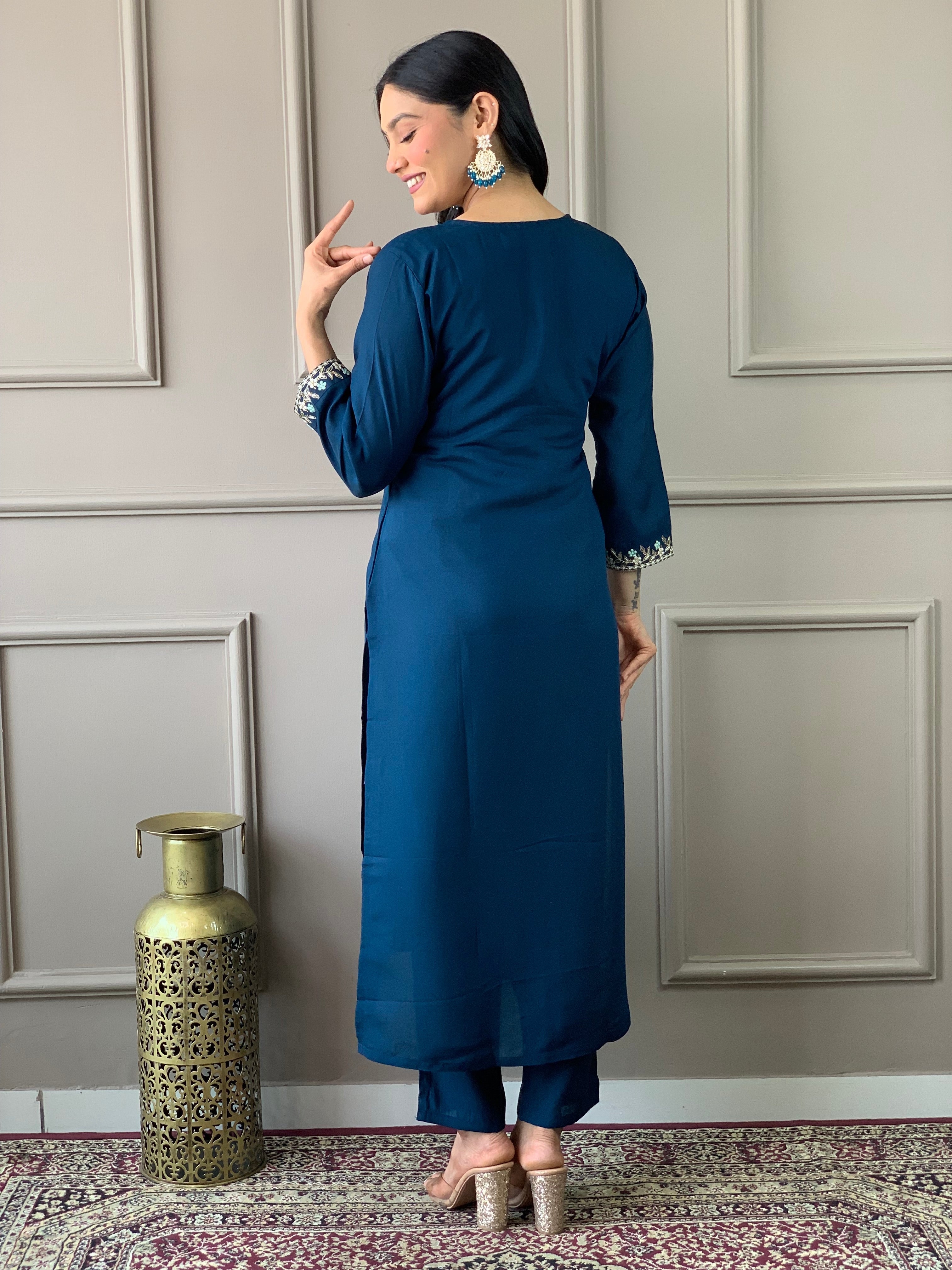 Women's Embroidered Straight Kurta with Viscose Chanderi Pant & Cotton Jacquard Printed Dupatta Set