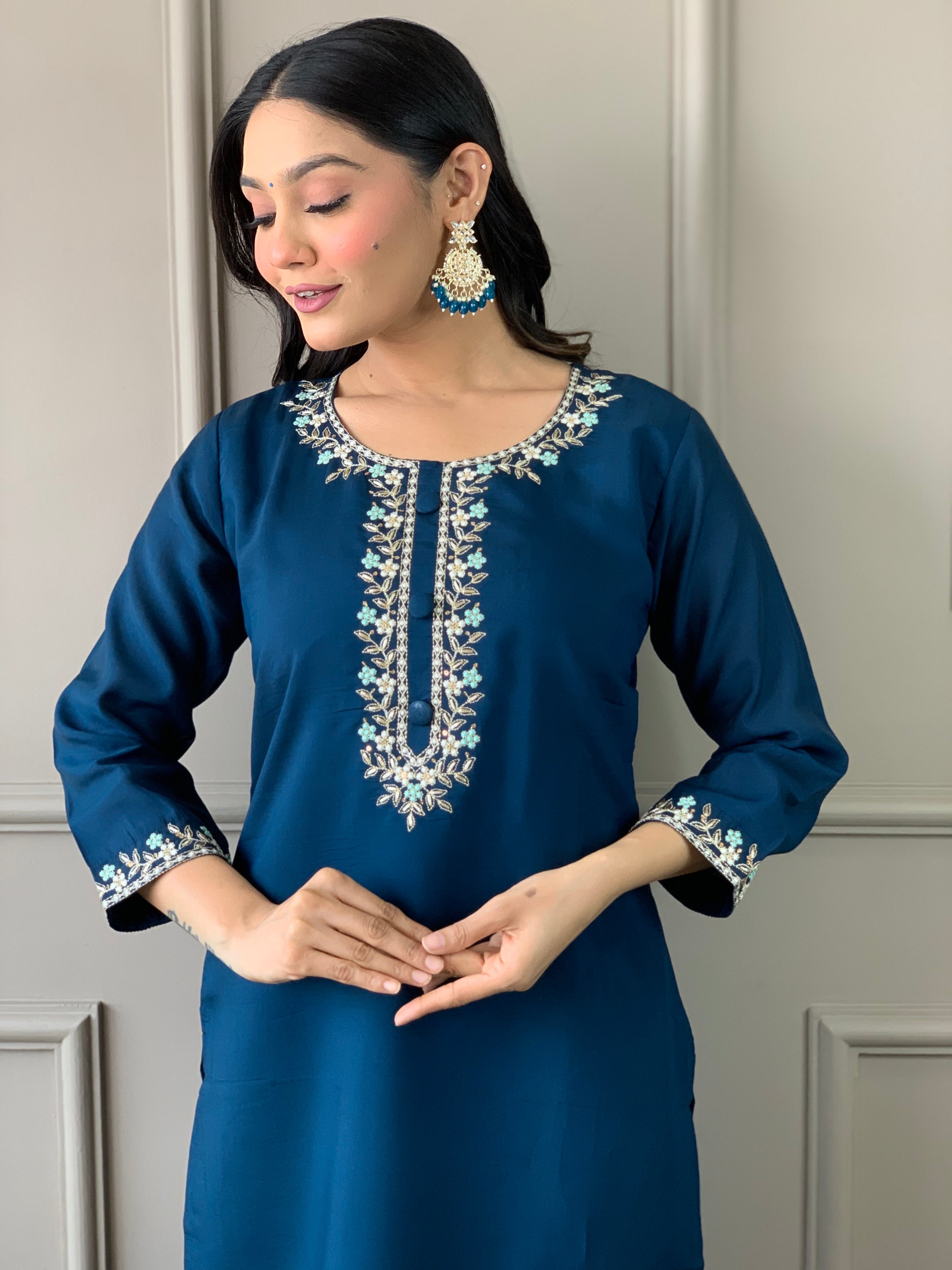 Women's Embroidered Straight Kurta with Viscose Chanderi Pant & Cotton Jacquard Printed Dupatta Set