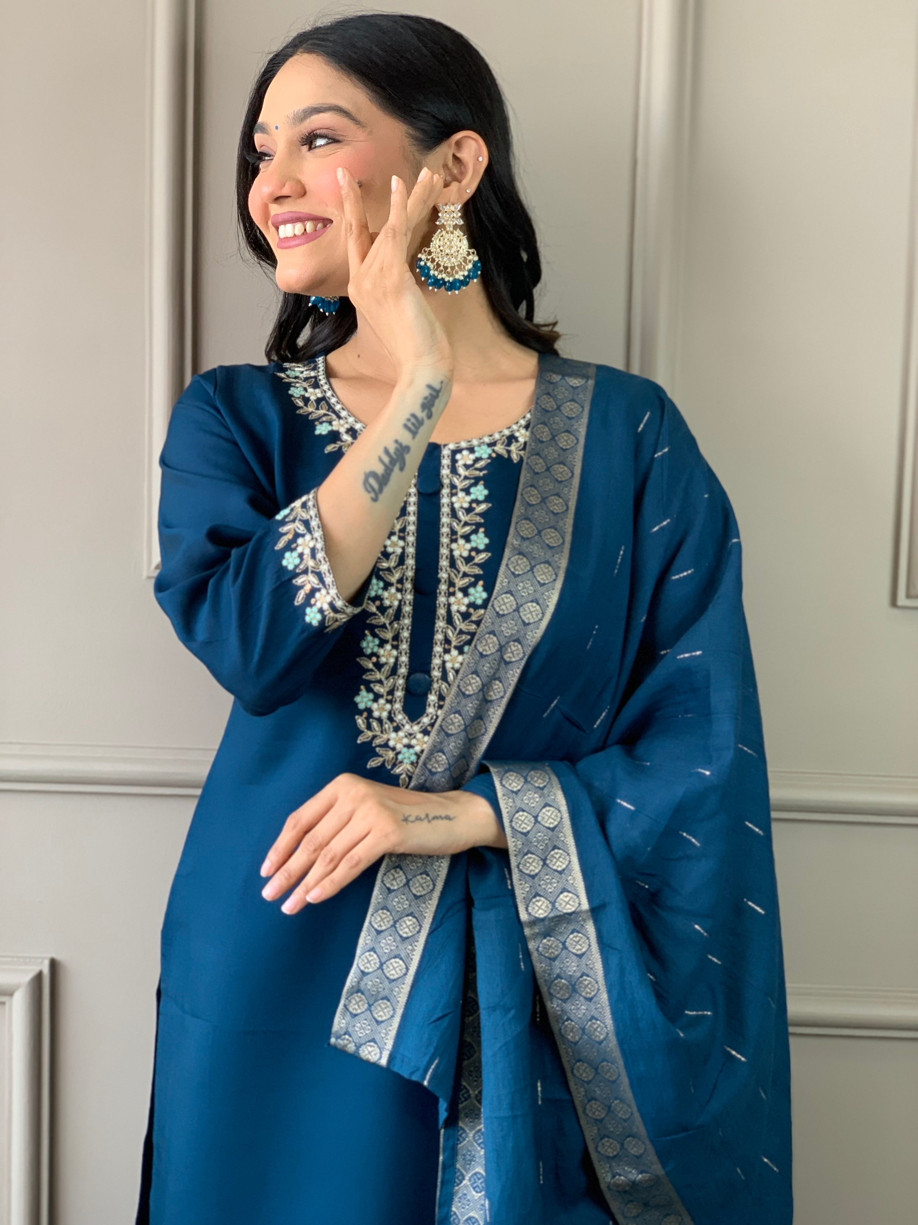 Women's Embroidered Straight Kurta with Viscose Chanderi Pant & Cotton Jacquard Printed Dupatta Set