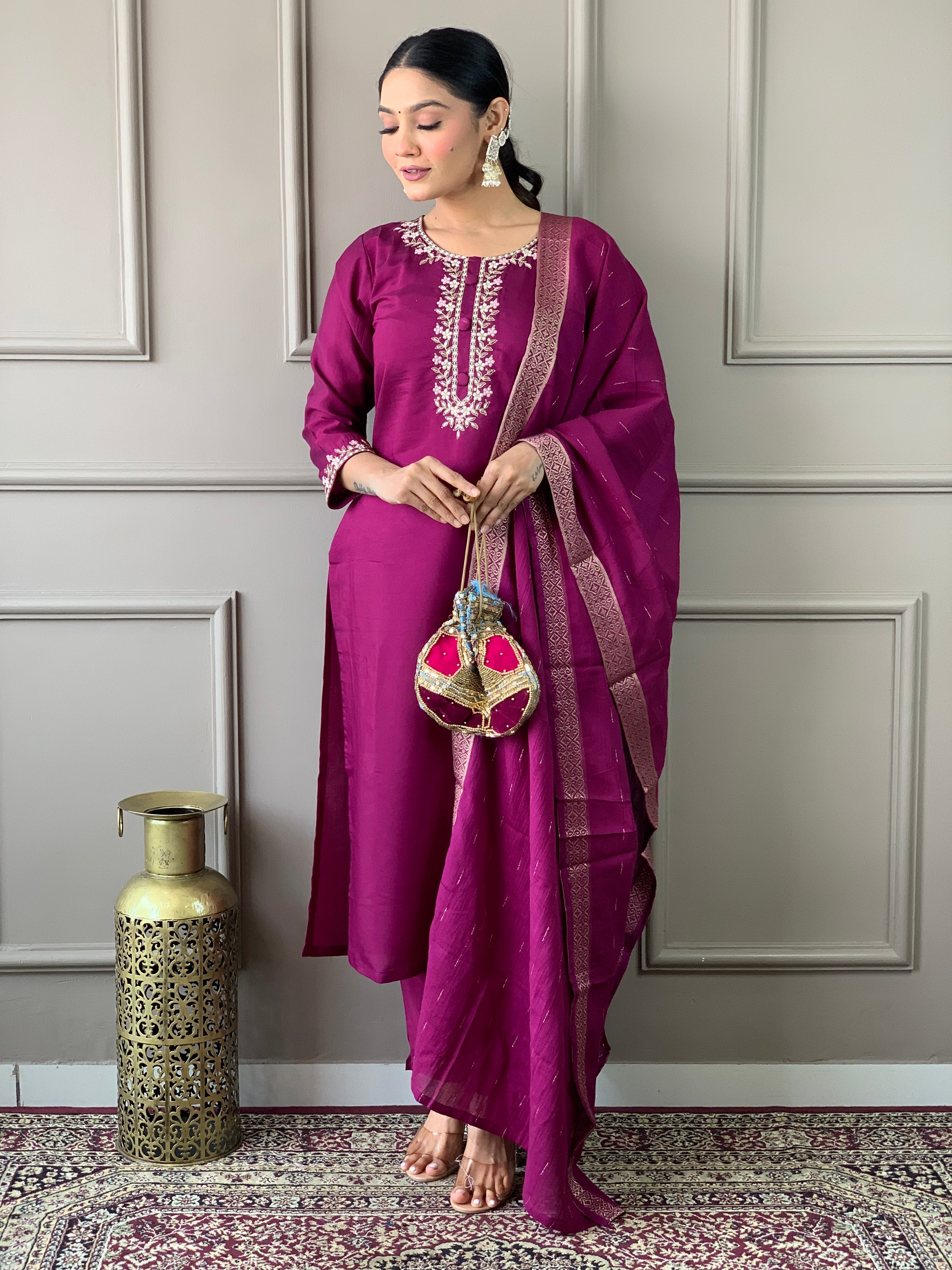 Women's Embroidered Straight Kurta with Viscose Chanderi Pant & Cotton Jacquard Printed Dupatta Set