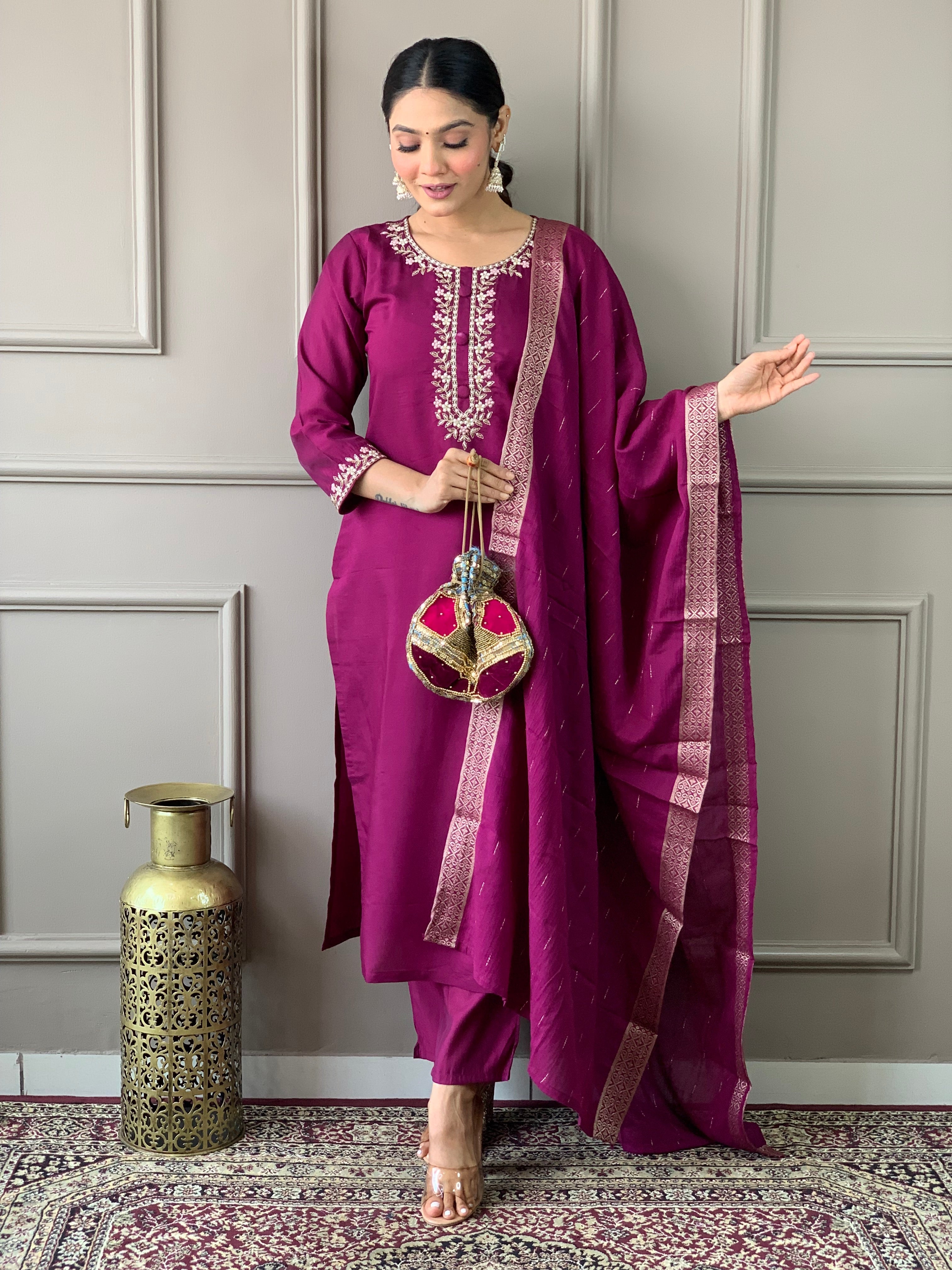 Women's Embroidered Straight Kurta with Viscose Chanderi Pant & Cotton Jacquard Printed Dupatta Set
