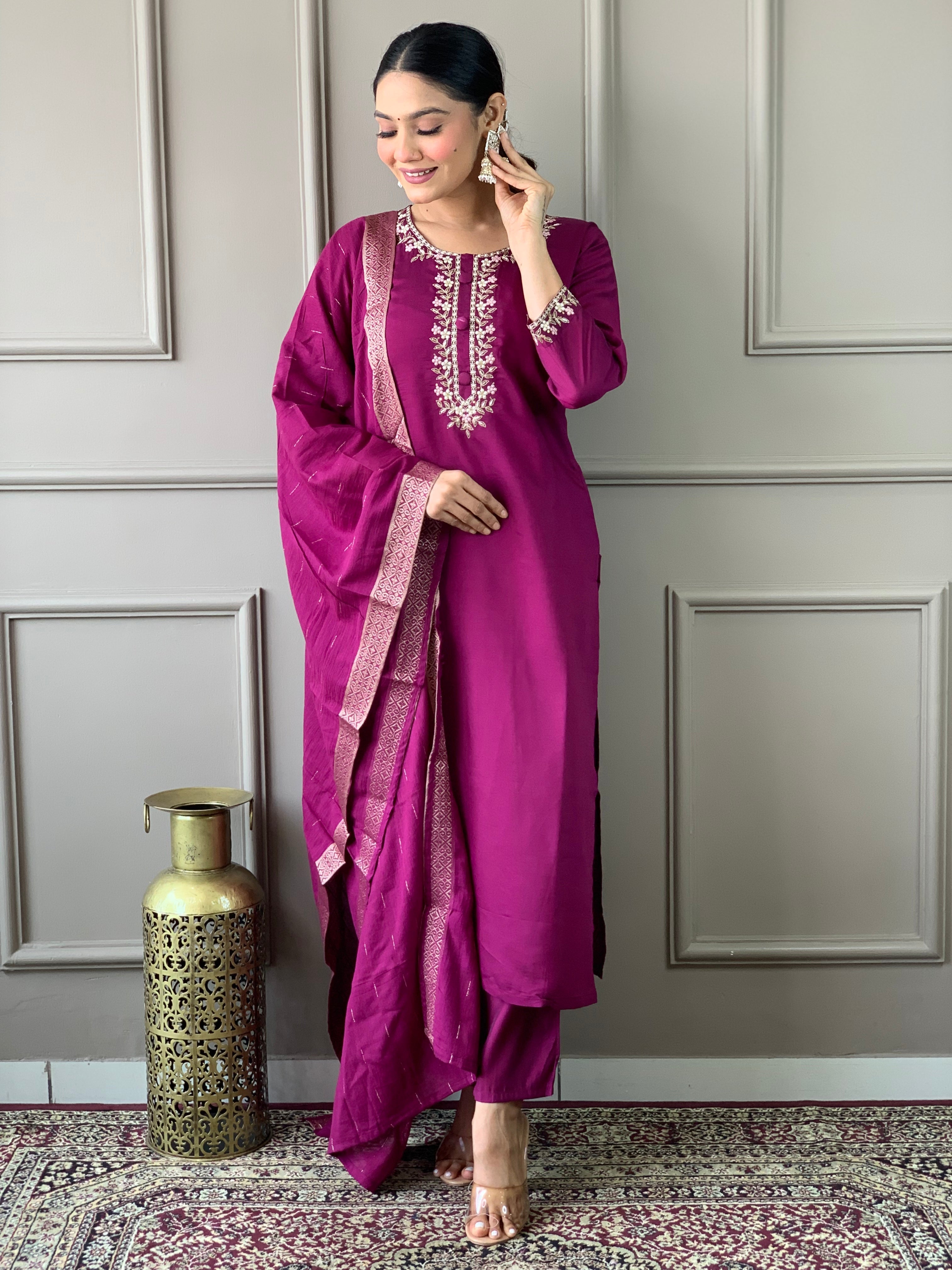 Women's Embroidered Straight Kurta with Viscose Chanderi Pant & Cotton Jacquard Printed Dupatta Set