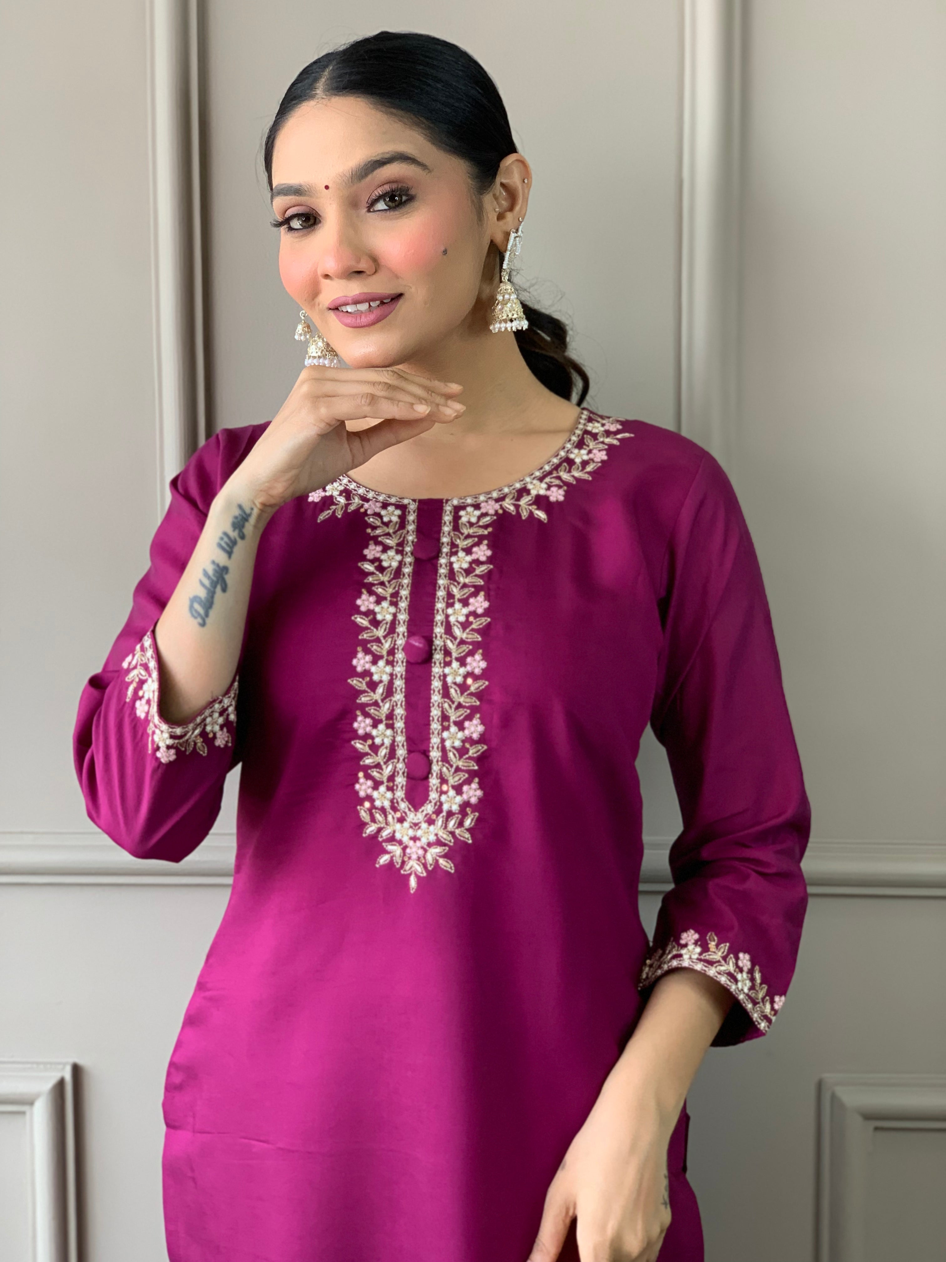 Women's Embroidered Straight Kurta with Viscose Chanderi Pant & Cotton Jacquard Printed Dupatta Set