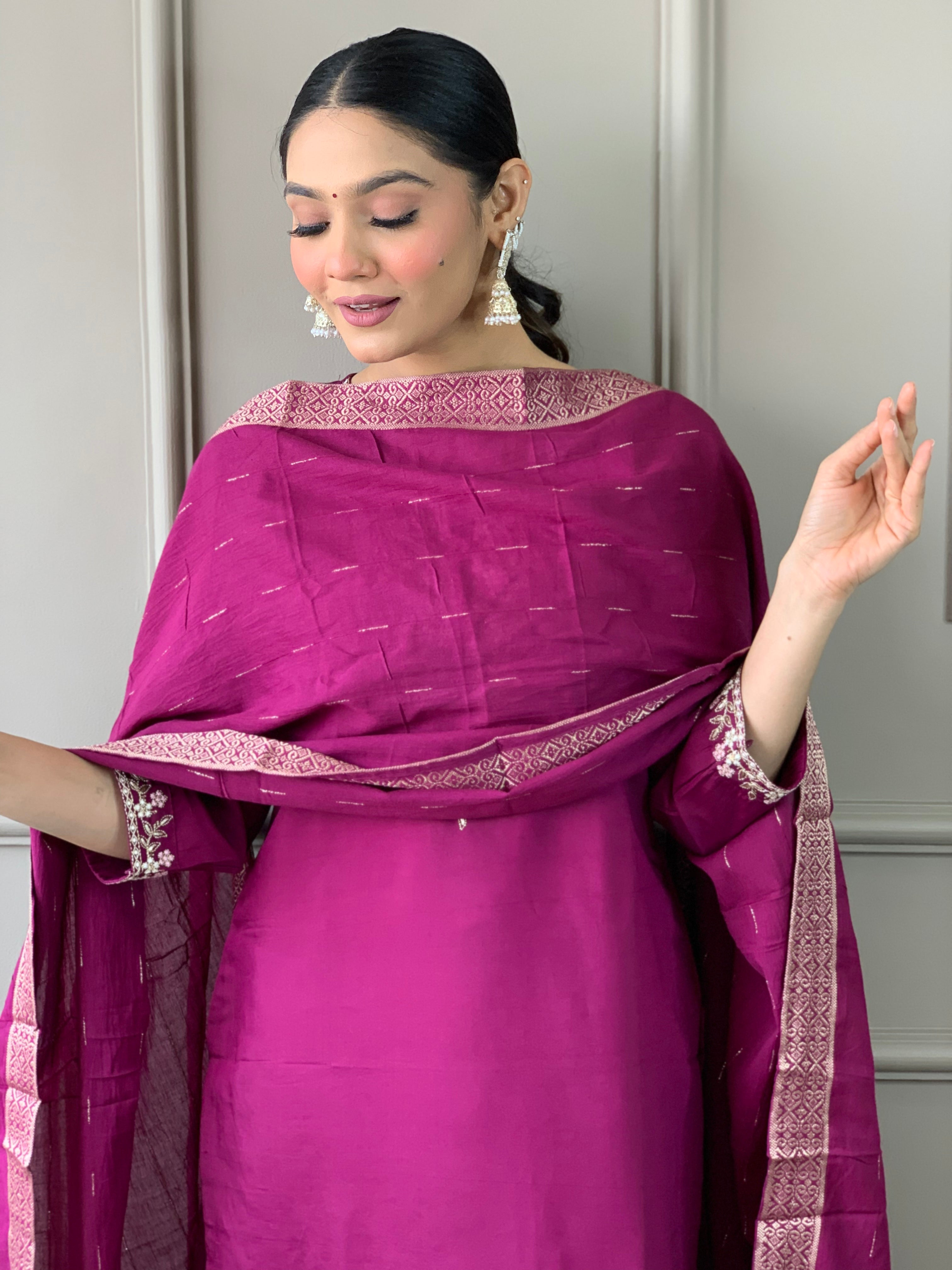 Women's Embroidered Straight Kurta with Viscose Chanderi Pant & Cotton Jacquard Printed Dupatta Set