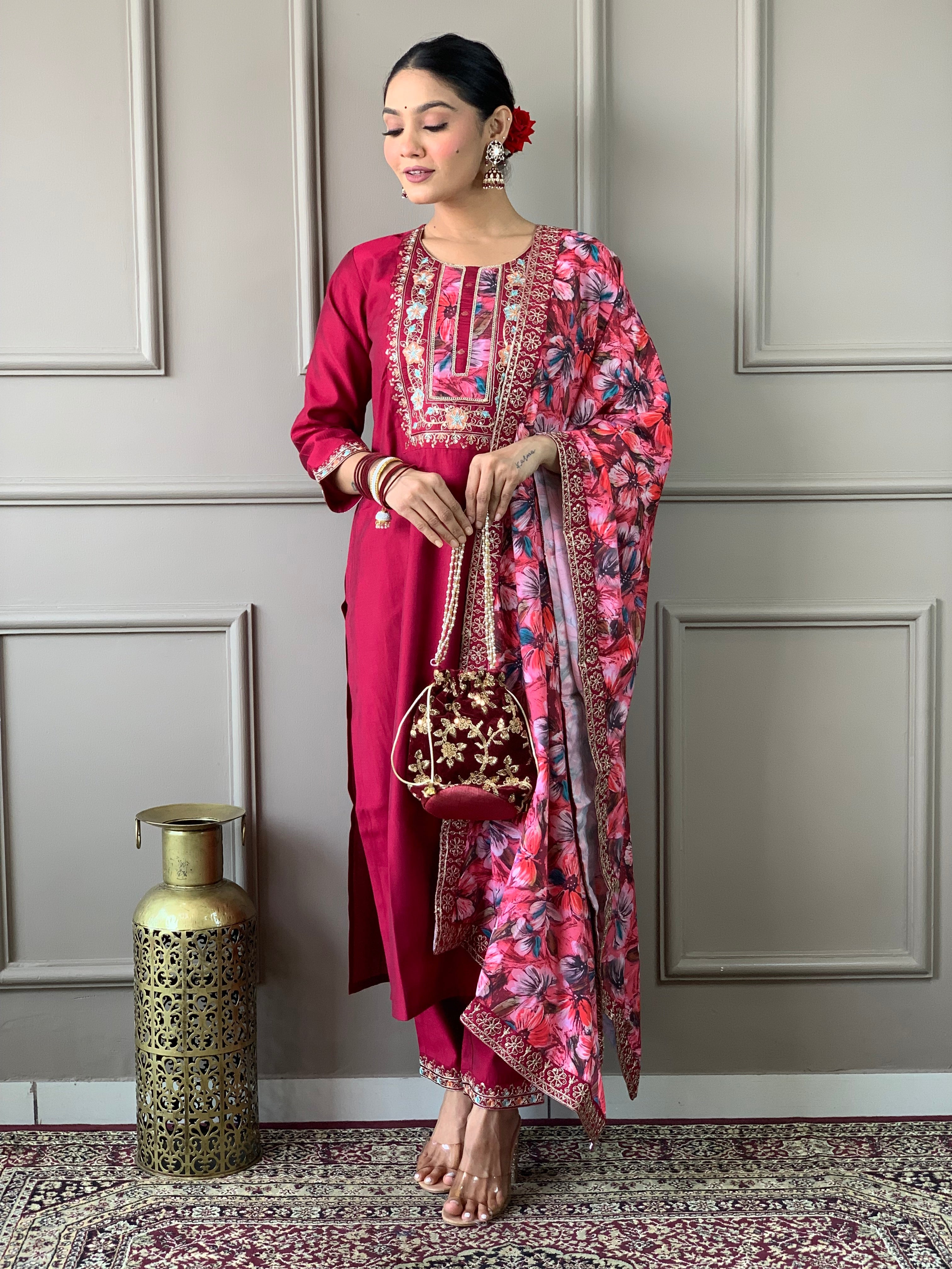 Women's Embroidered Straight Kurta with Viscose Chanderi Pant &  Natural Crepe Printed Dupatta Set