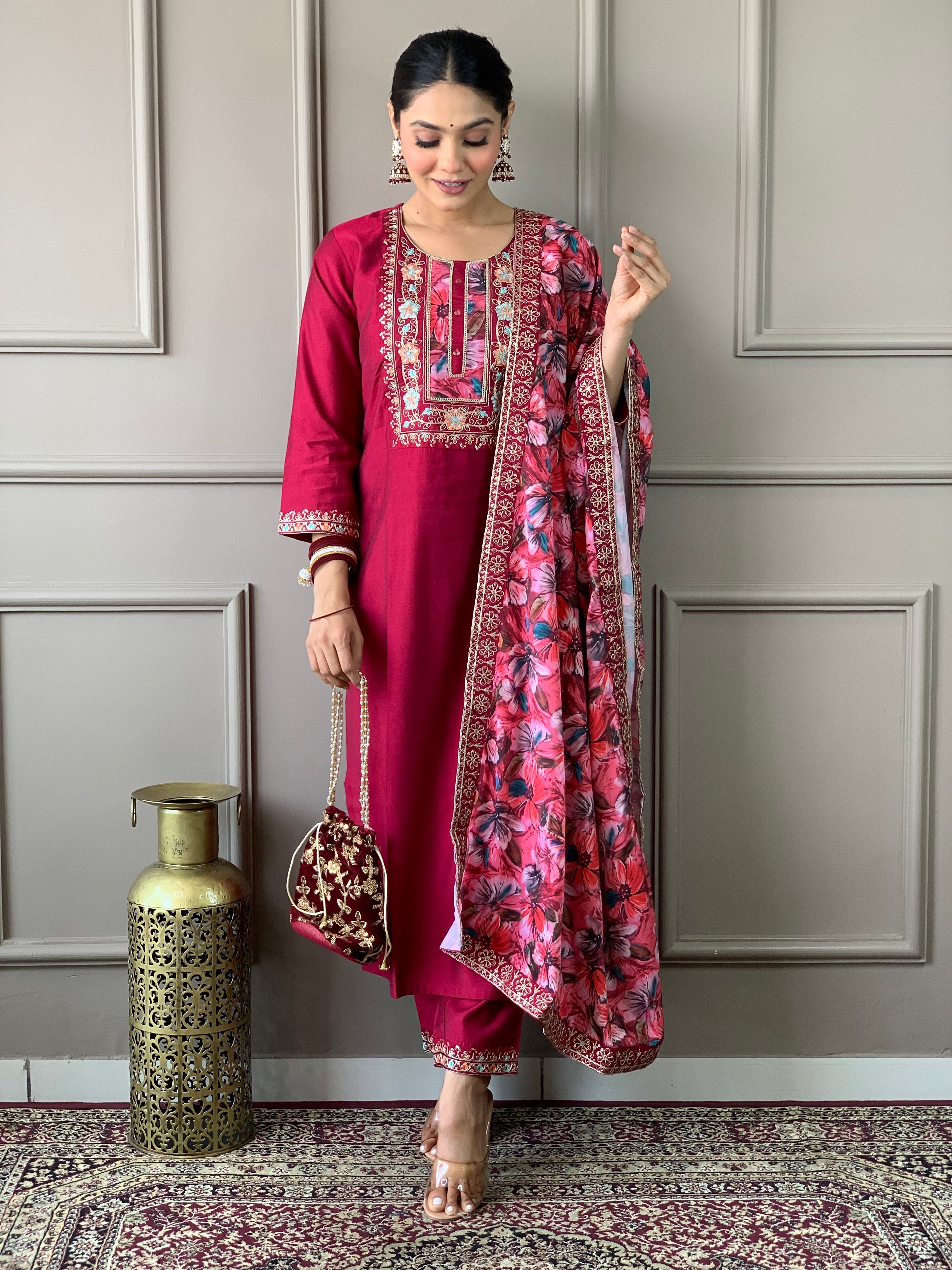 Women's Embroidered Straight Kurta with Viscose Chanderi Pant &  Natural Crepe Printed Dupatta Set