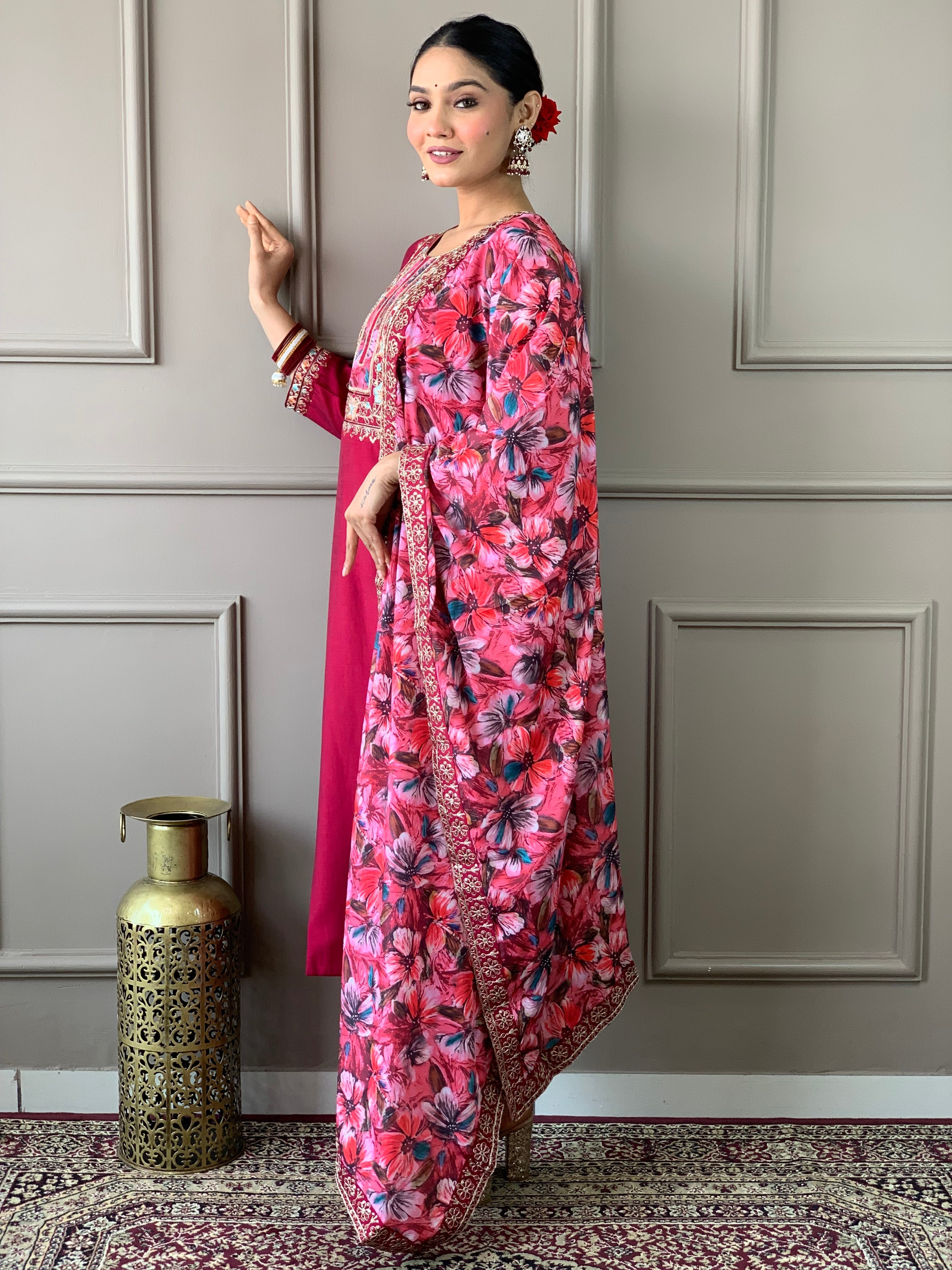 Women's Embroidered Straight Kurta with Viscose Chanderi Pant &  Natural Crepe Printed Dupatta Set