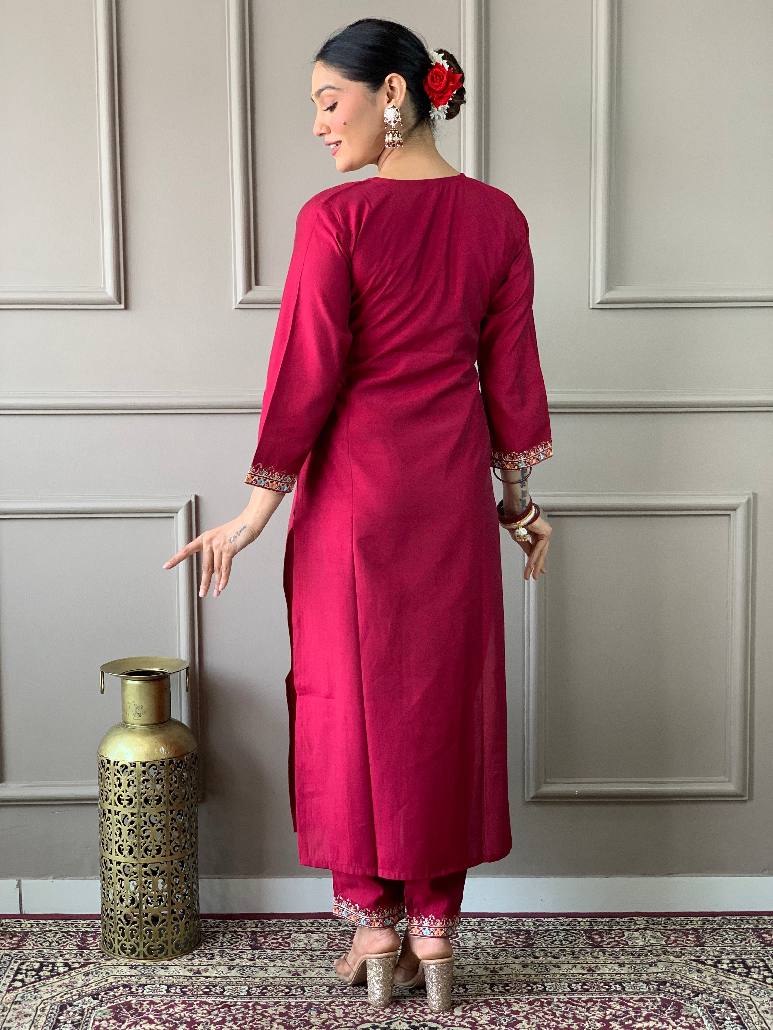 Women's Embroidered Straight Kurta with Viscose Chanderi Pant &  Natural Crepe Printed Dupatta Set