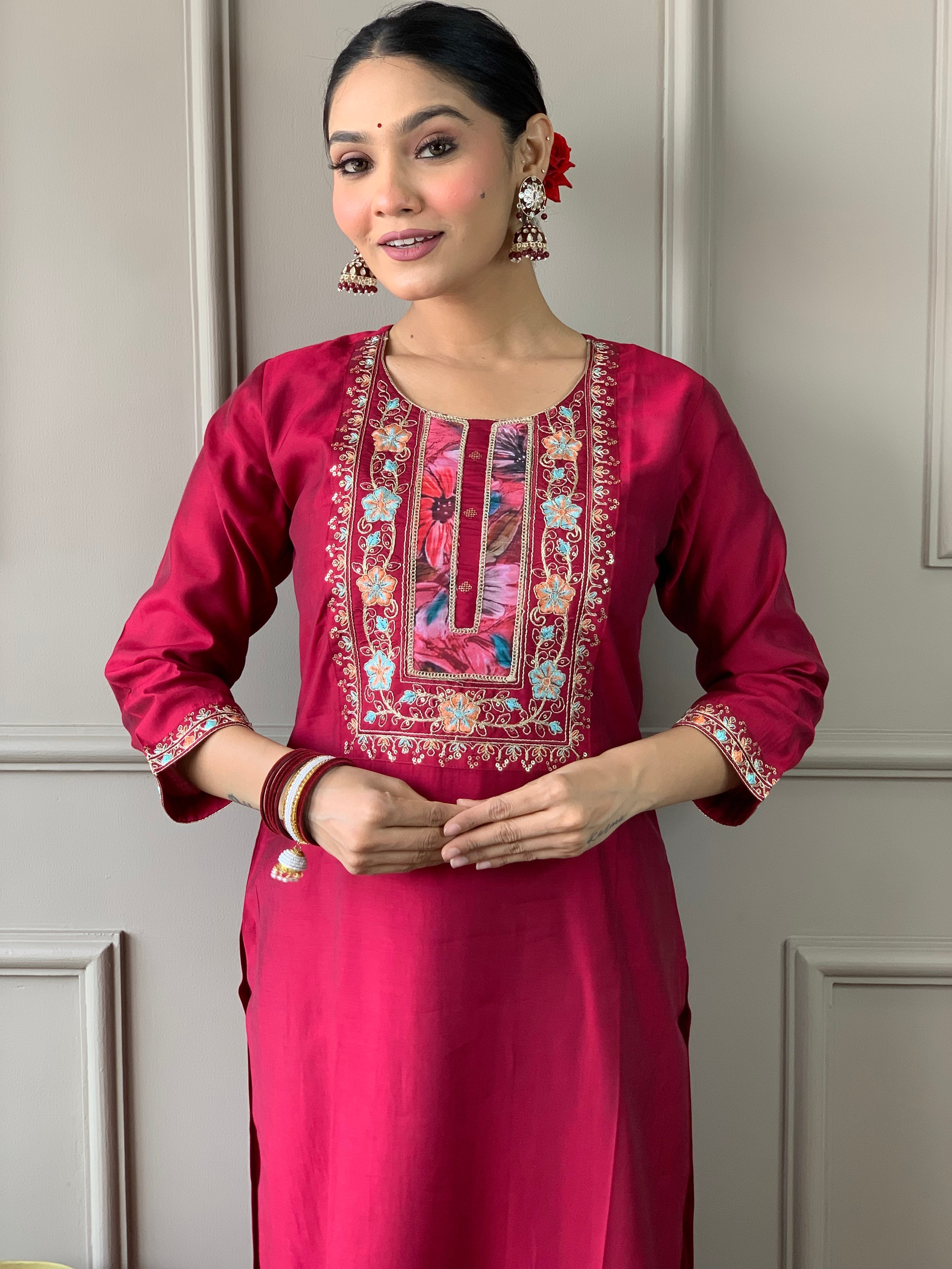 Women's Embroidered Straight Kurta with Viscose Chanderi Pant &  Natural Crepe Printed Dupatta Set