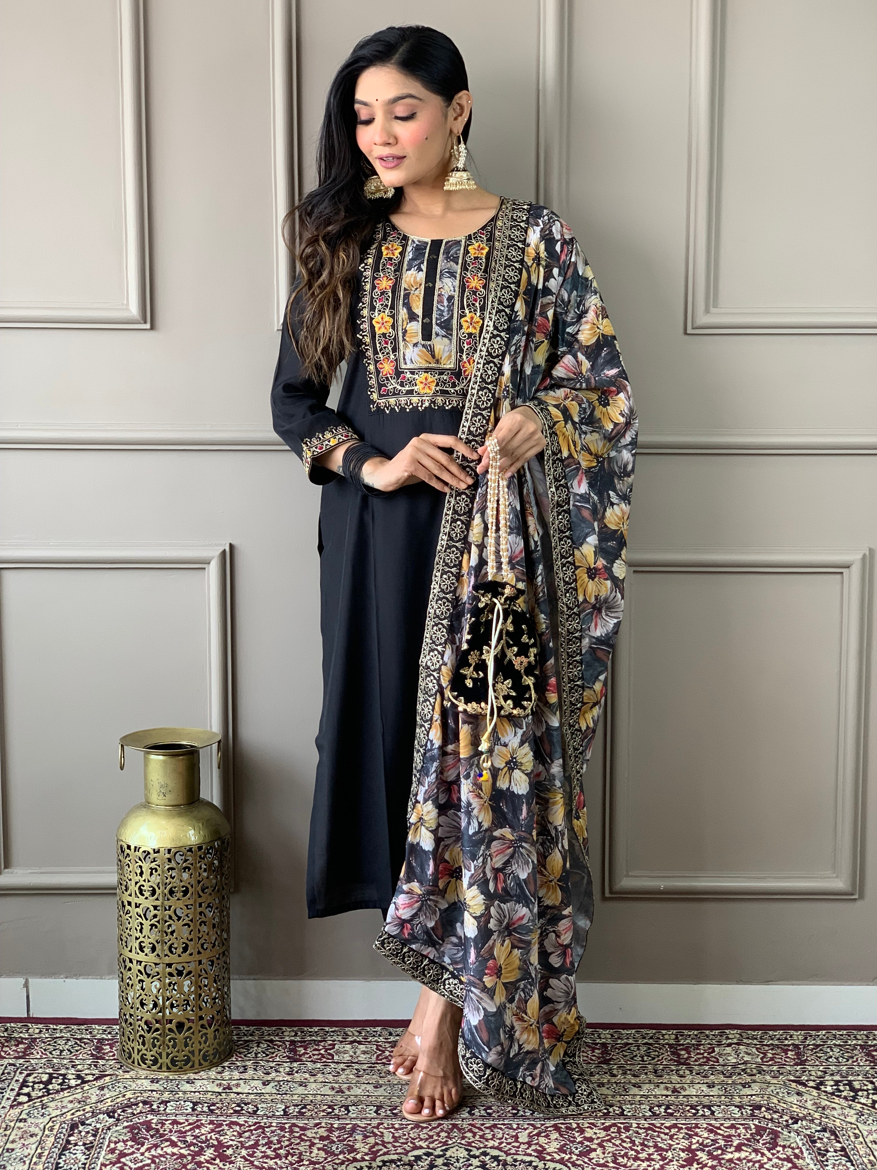 Women's Embroidered Straight Kurta with Viscose Chanderi Pant &  Natural Crepe Printed Dupatta Set
