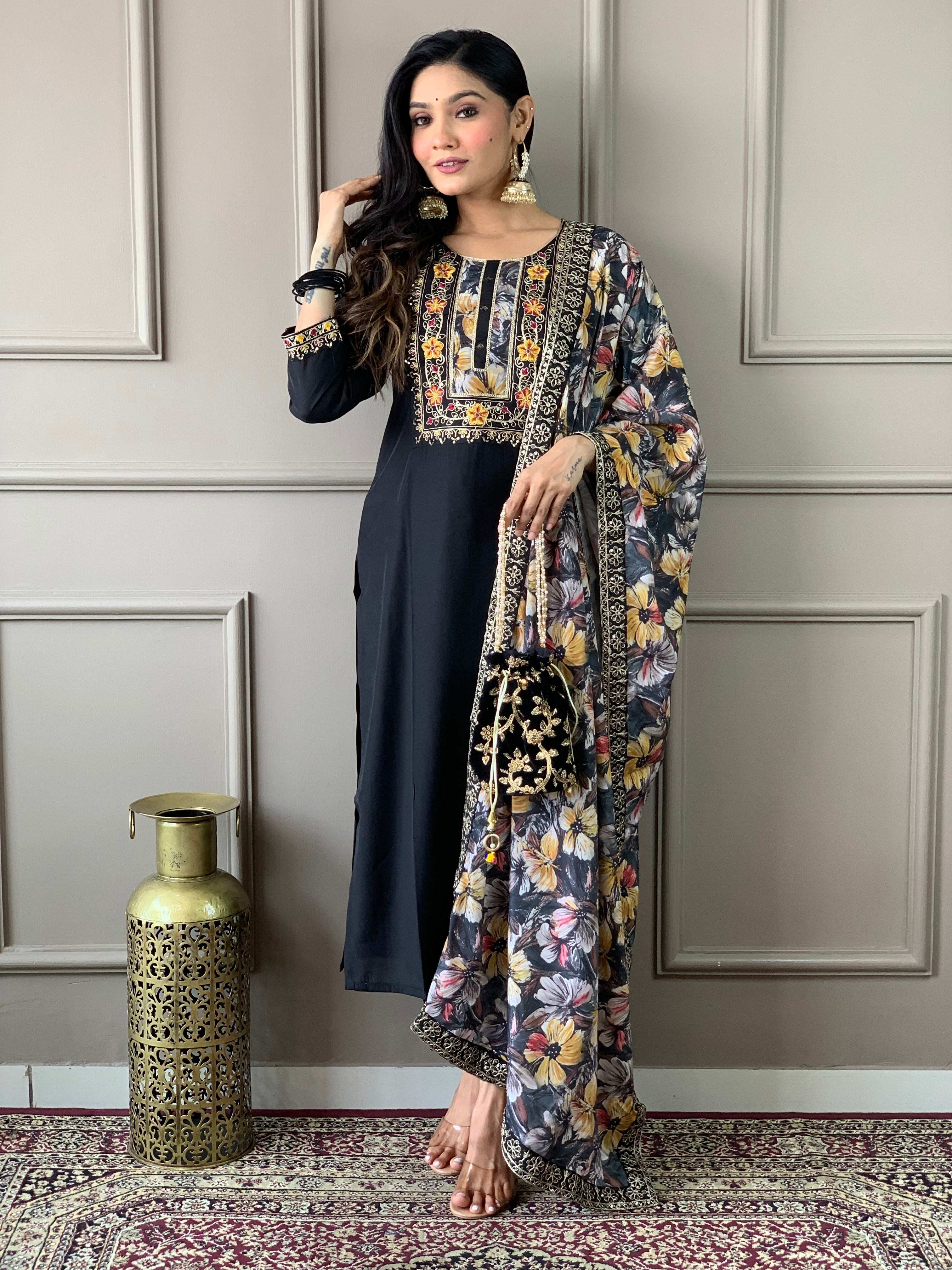 Women's Embroidered Straight Kurta with Viscose Chanderi Pant &  Natural Crepe Printed Dupatta Set