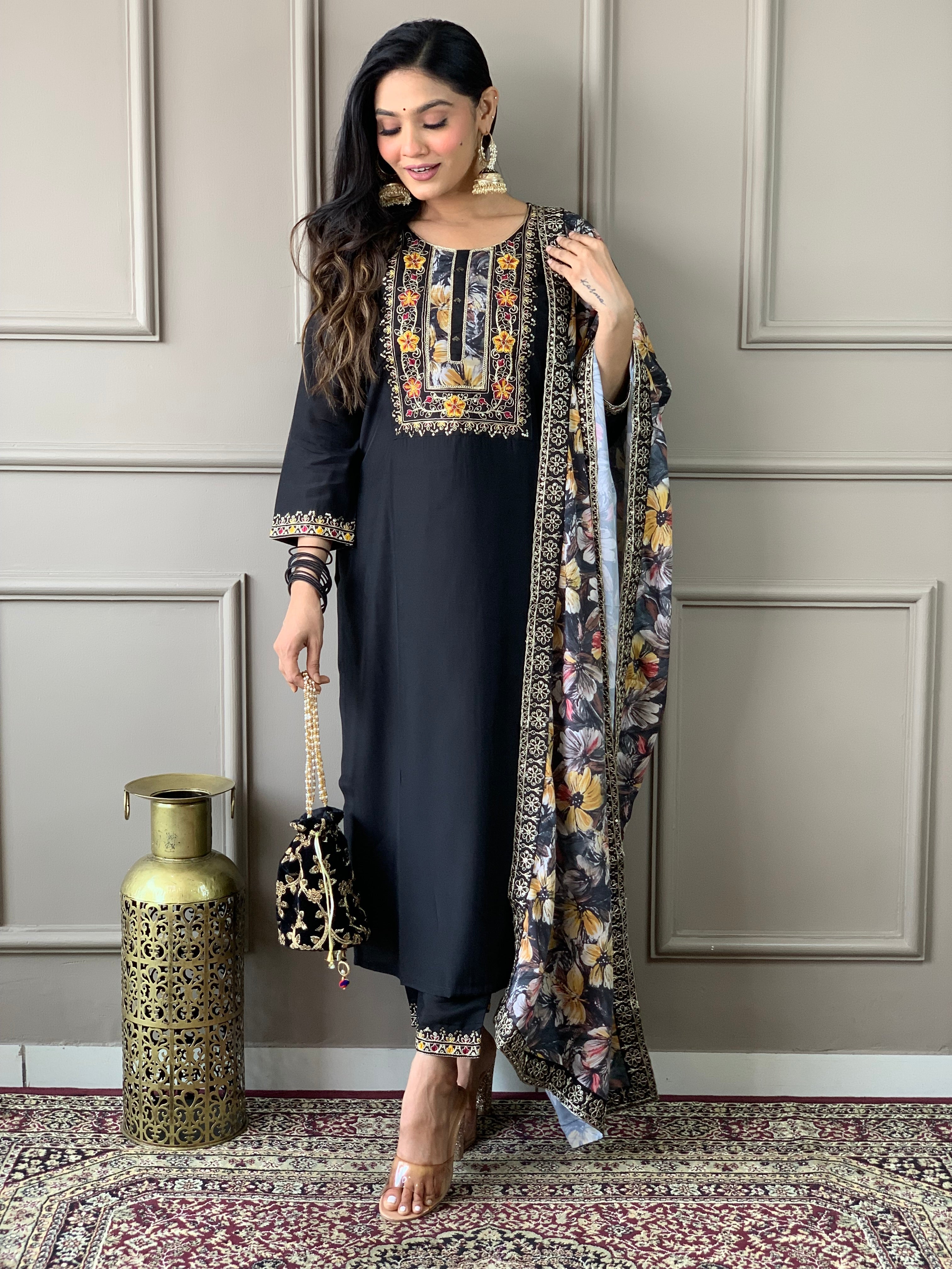 Women's Embroidered Straight Kurta with Viscose Chanderi Pant &  Natural Crepe Printed Dupatta Set