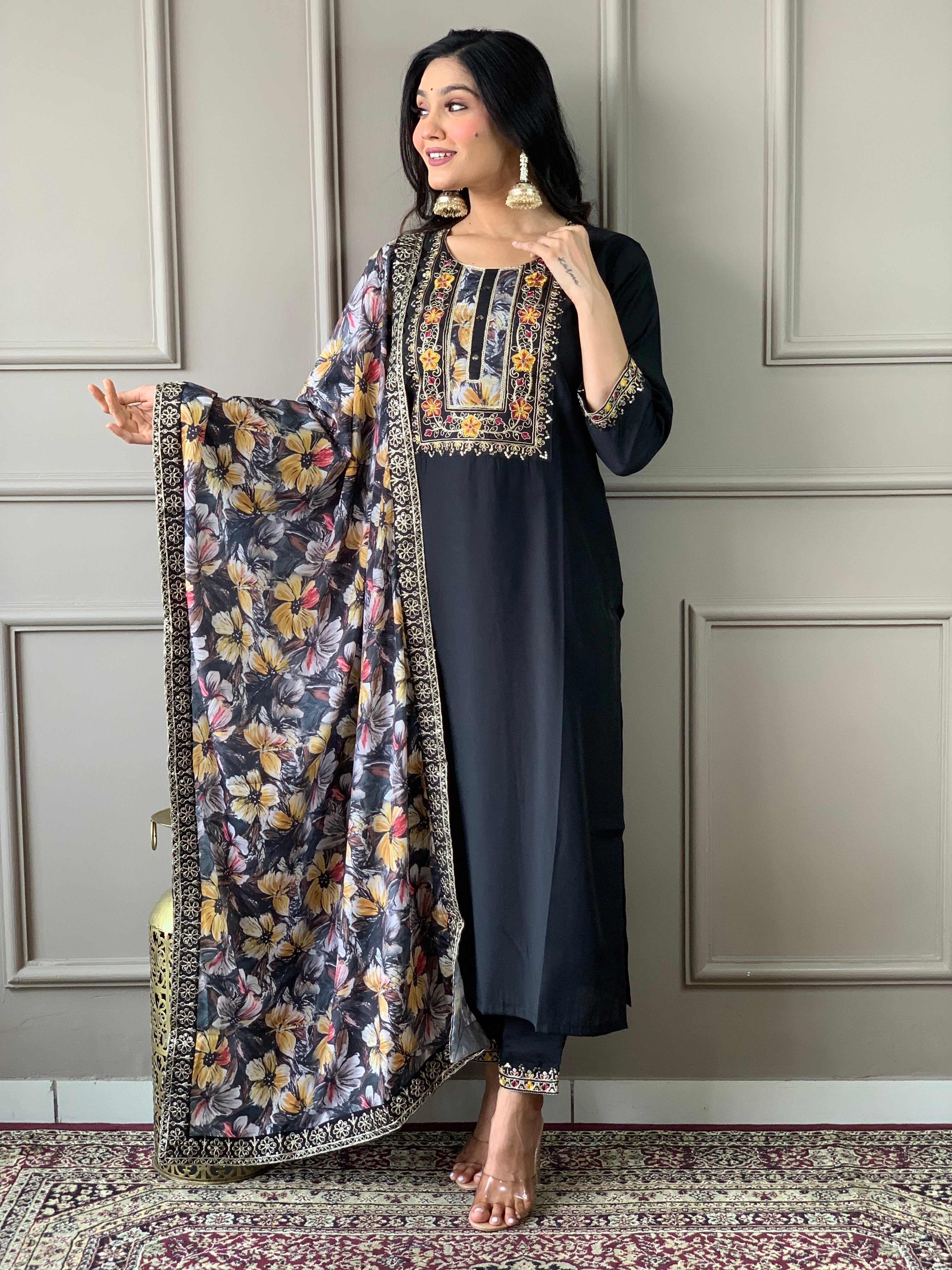 Women's Embroidered Straight Kurta with Viscose Chanderi Pant &  Natural Crepe Printed Dupatta Set