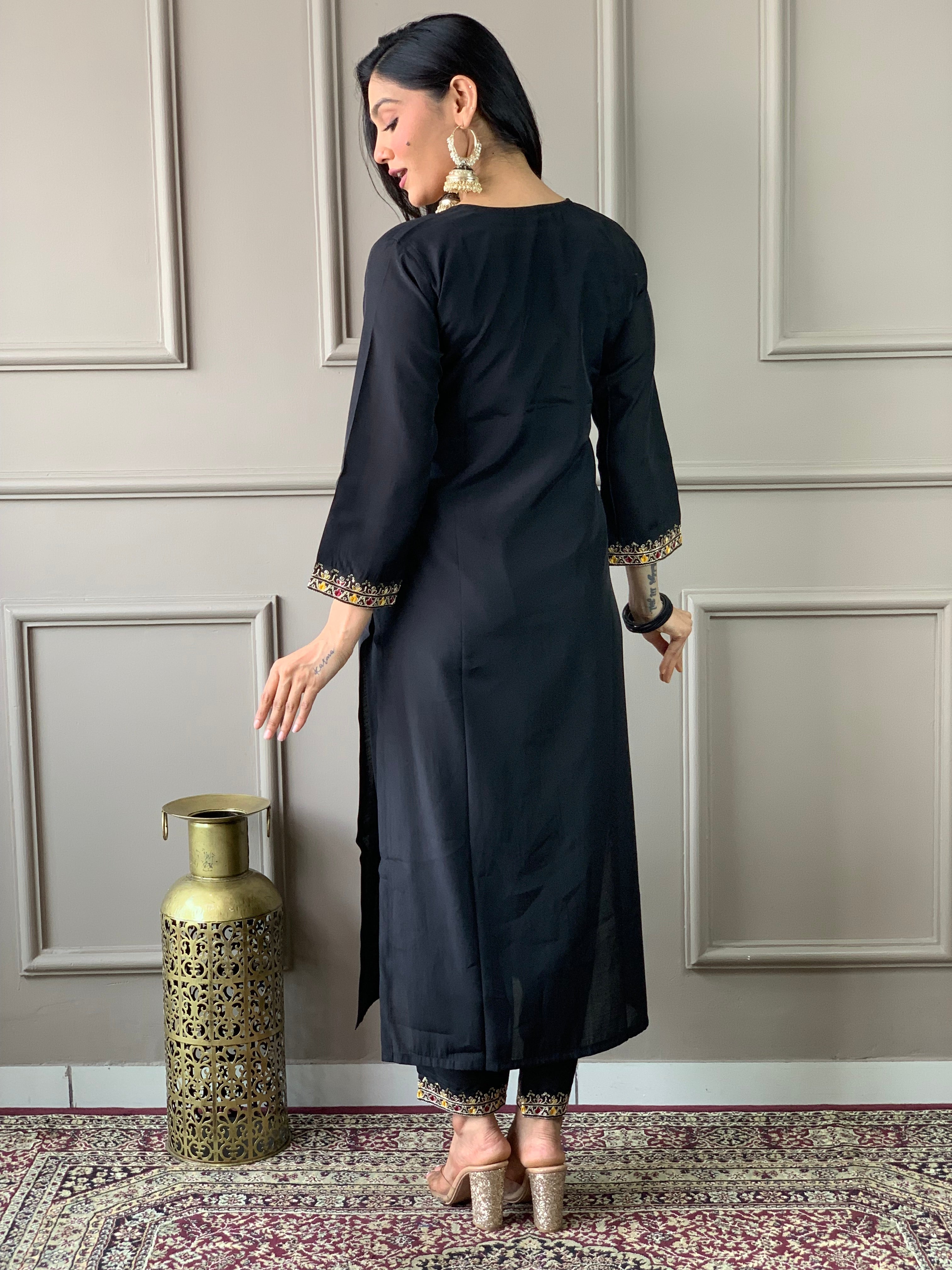 Women's Embroidered Straight Kurta with Viscose Chanderi Pant &  Natural Crepe Printed Dupatta Set