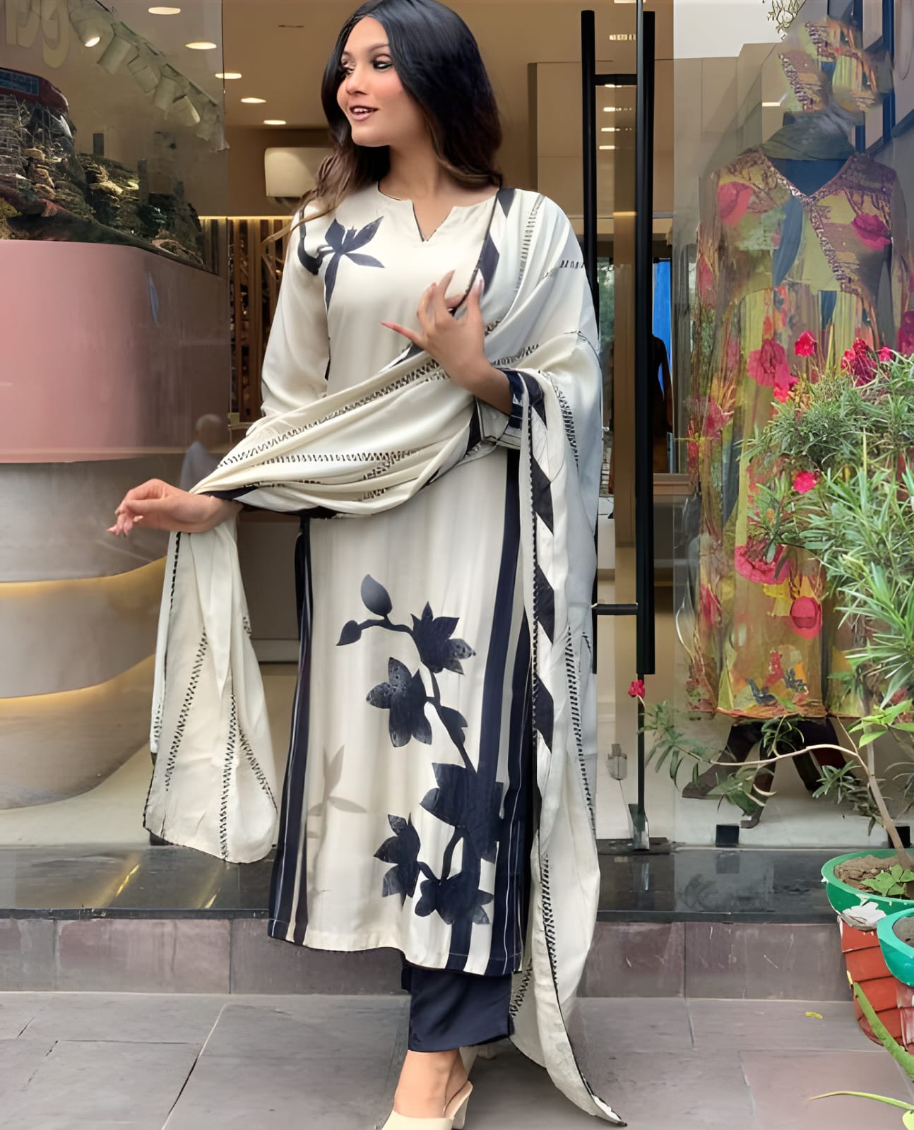 Women's MUSLIN Straight Kurta with Pant and Printed Dupatta Sets