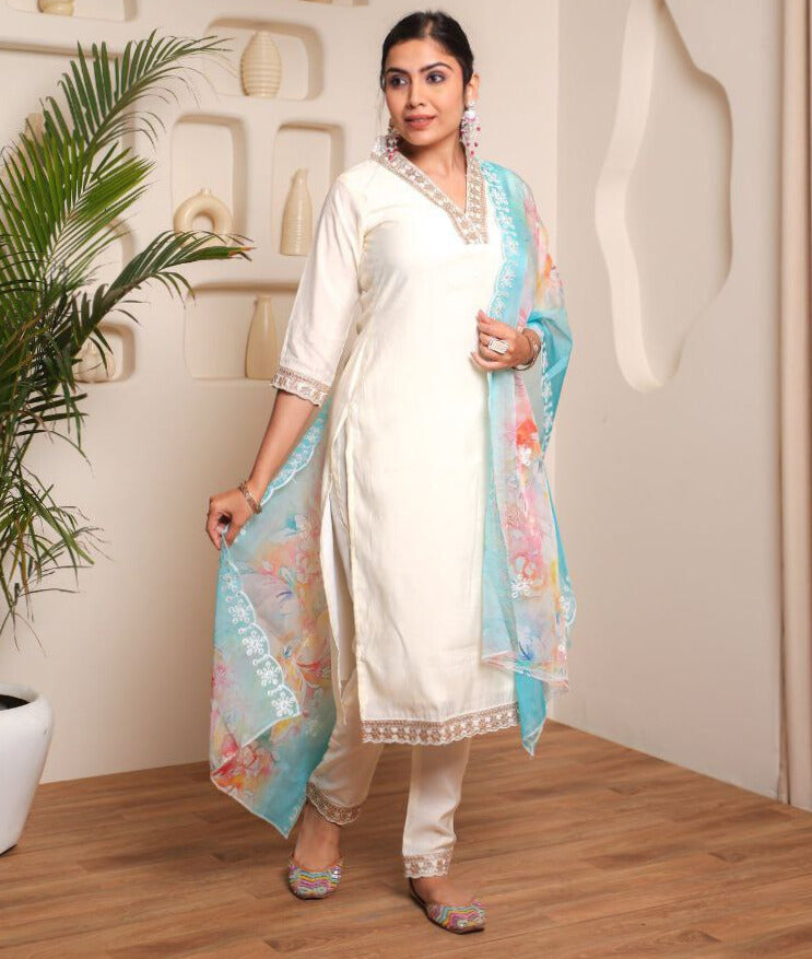 Viscose Chanderi Cotton Embroidered White Kurta with Pant and Lilen Digital Print Dupatta Sets