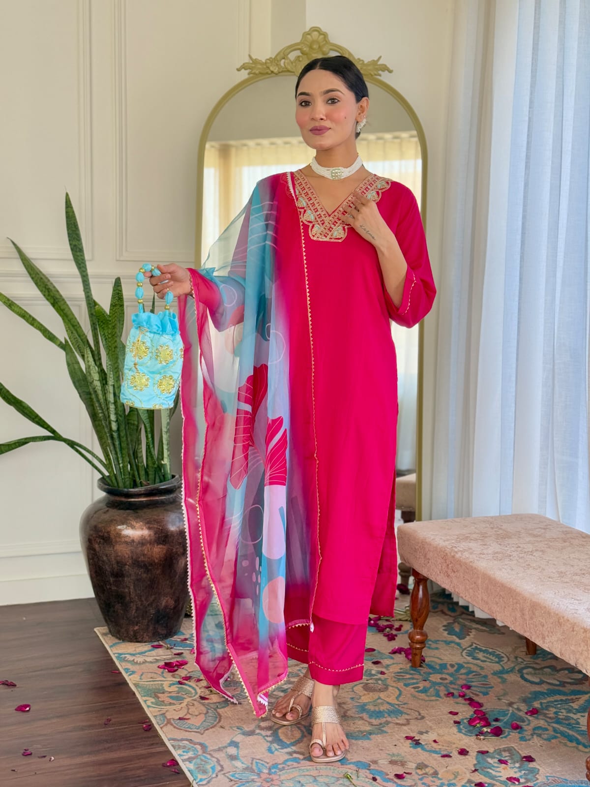 Women's Wine Rayon Slub Embroidered Straight Kurta with Rayon Slub Pant and Chinon Laced Dupatta Sets