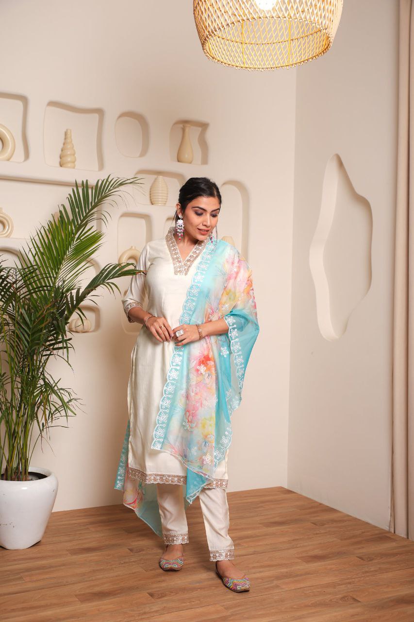 Viscose Chanderi Cotton Embroidered White Kurta with Pant and Lilen Digital Print Dupatta Sets