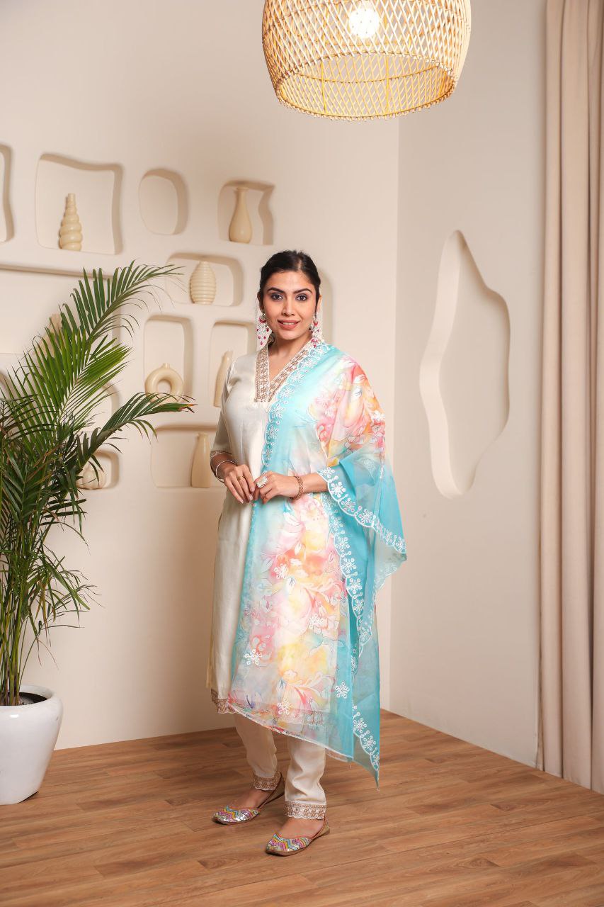 Viscose Chanderi Cotton Embroidered White Kurta with Pant and Lilen Digital Print Dupatta Sets