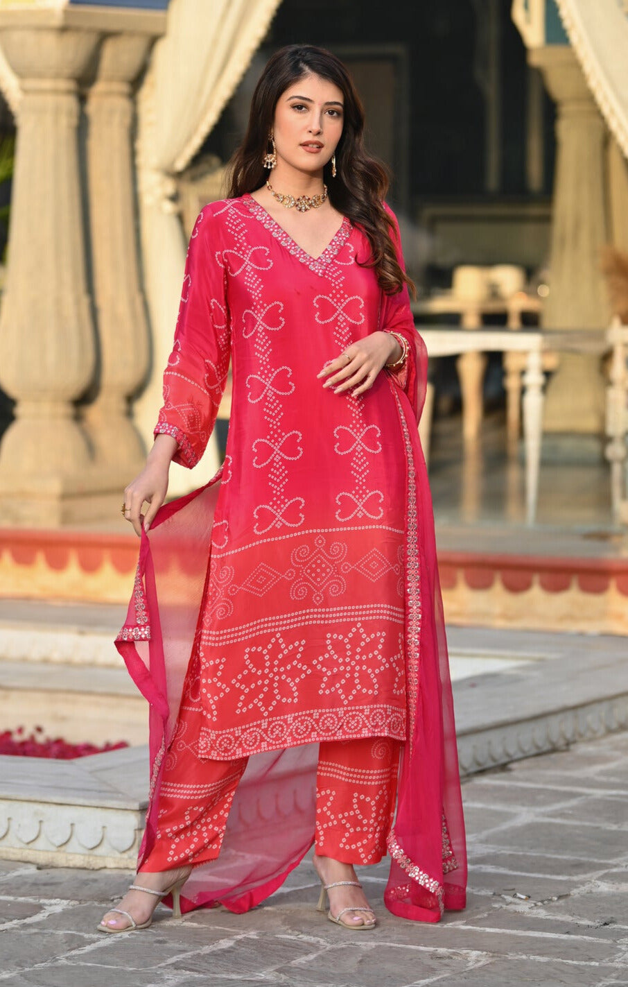 Stylish Womens Chinnon Position Print with Embroidered Kurti Pant and Bandhani Printed Embroidered Lace Work Dupatta Set