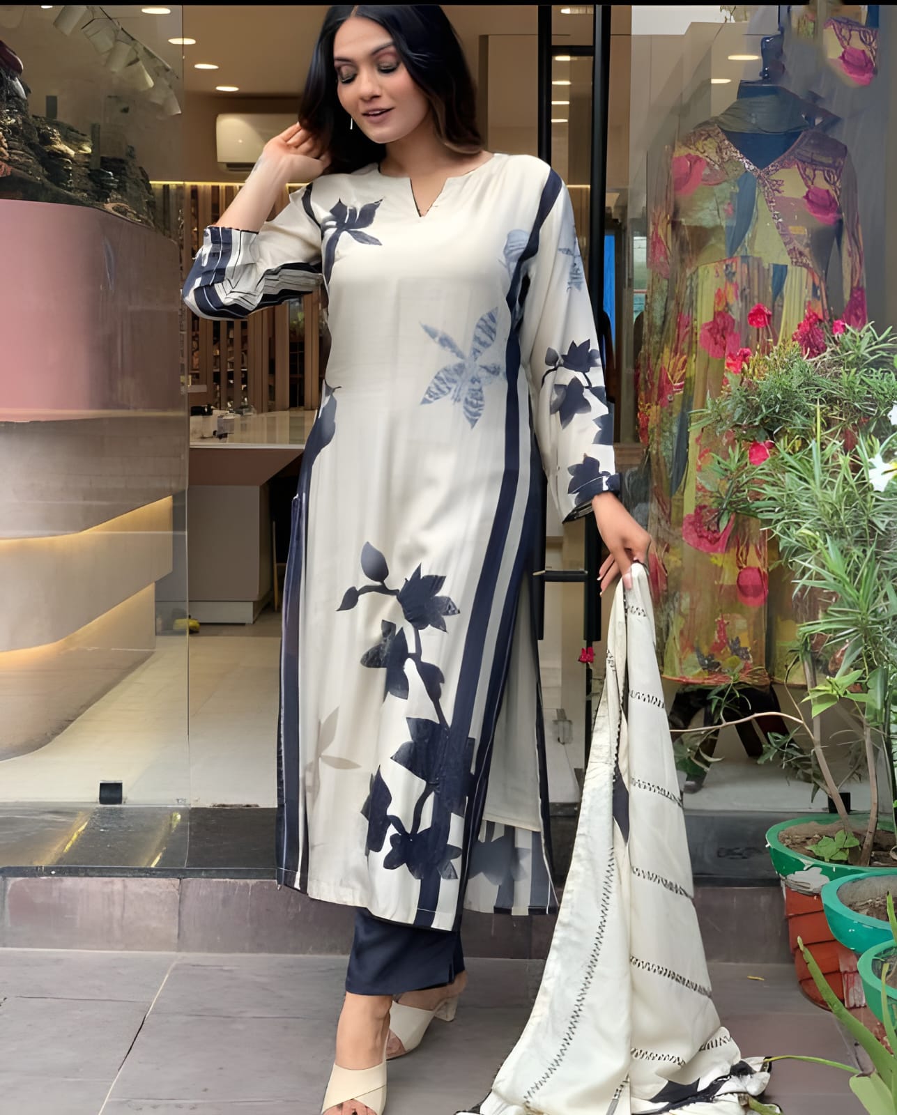 Women's MUSLIN Straight Kurta with Pant and Printed Dupatta Sets