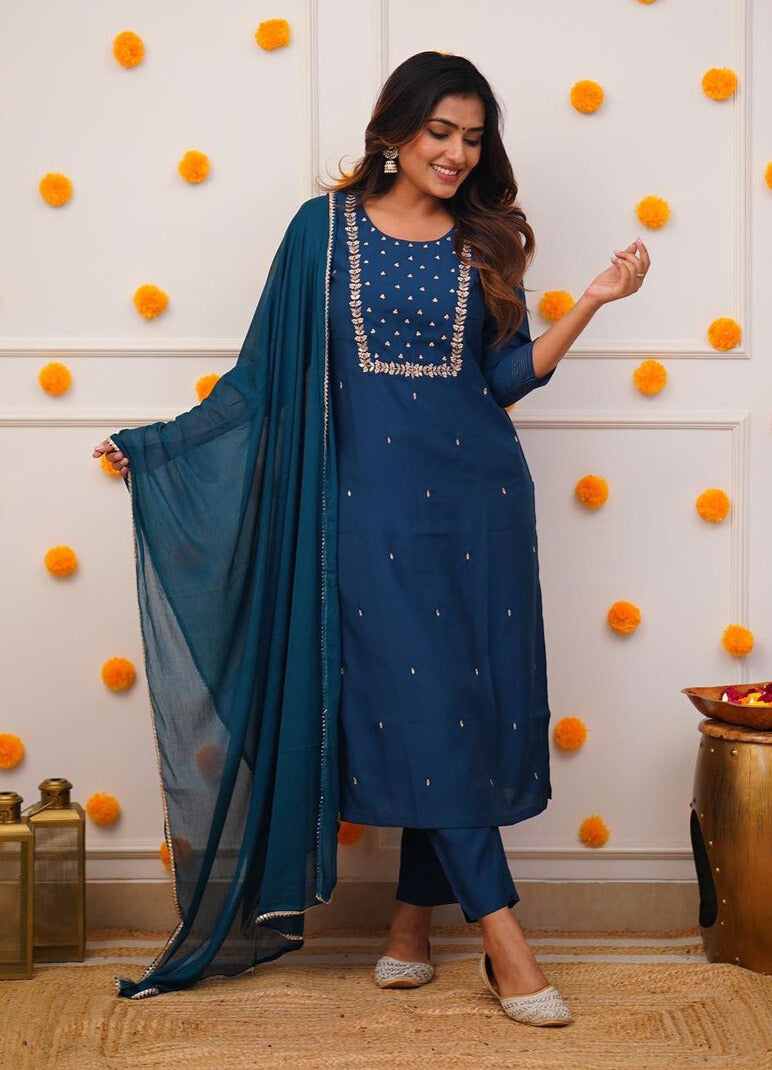 Women's Rayon slub Embroidered Straight Kurta with Rayon slub Pant & Chinnon Dupatta Set