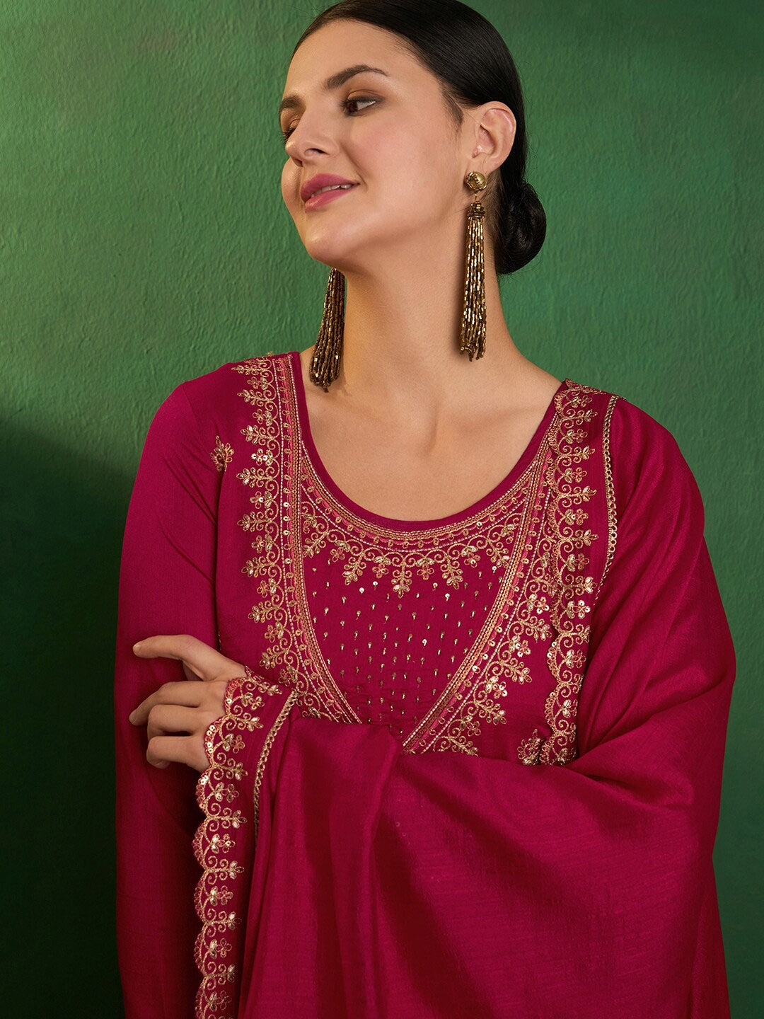 Women's Chanderi Straight Kurta Set with Dupatta