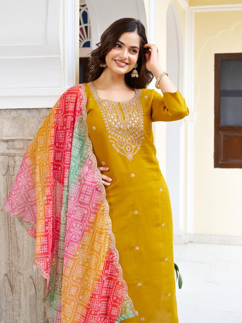 Women Mustard yellow Viscose chanderi  Embroidered Kurta With Pant & Dupatta