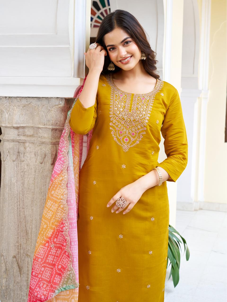 Women Mustard yellow Viscose chanderi  Embroidered Kurta With Pant & Dupatta