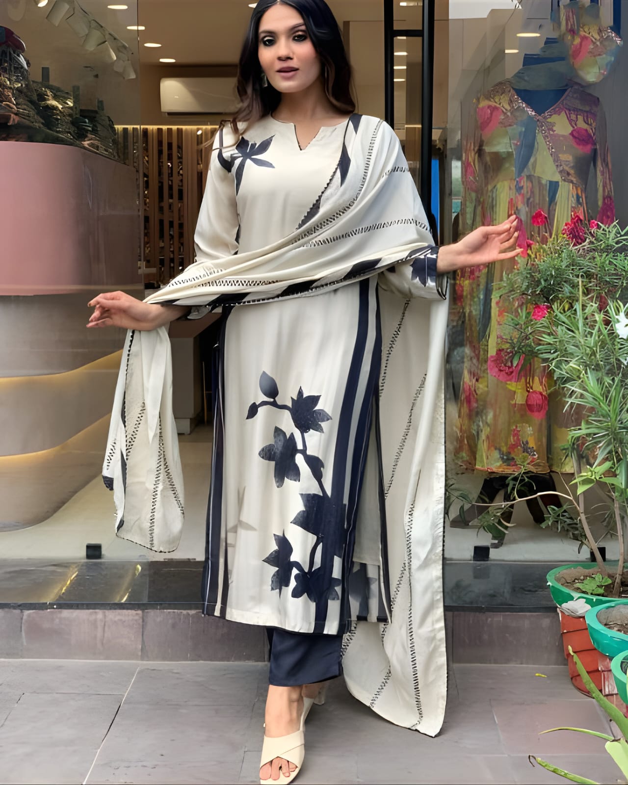 Women's MUSLIN Straight Kurta with Pant and Printed Dupatta Sets