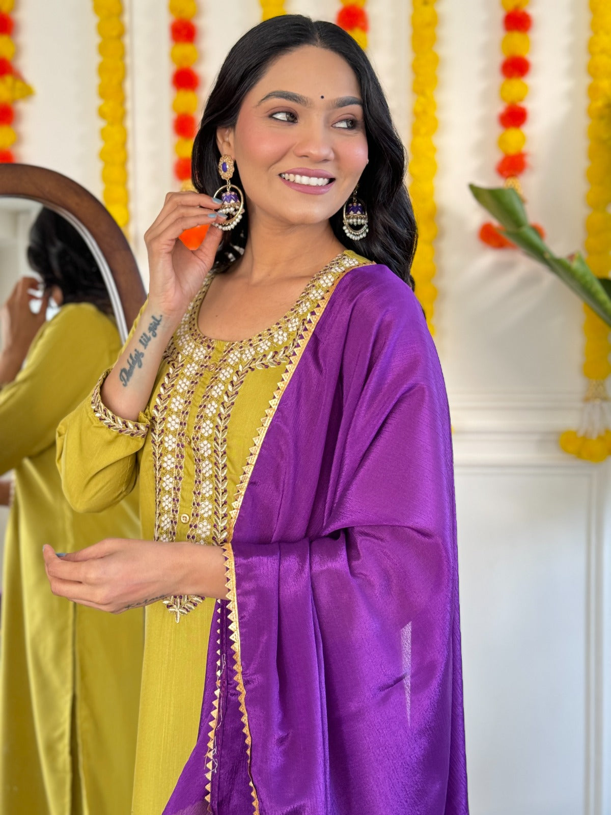 Women's Reyon Slub Embroidered Kurta With Pant & Dupatta Work Suit Set
