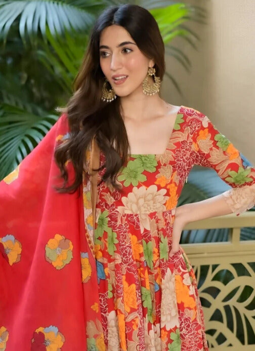 Stylish Womens Chinnon Position Print with Kurti Pant and Printed Dupatta set