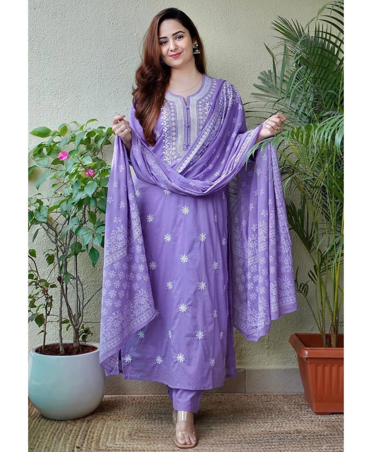 Women's Lavendar Embroidered Straight Kurta with Pure Cotton Pant &  Cotton Printed Dupatta Set