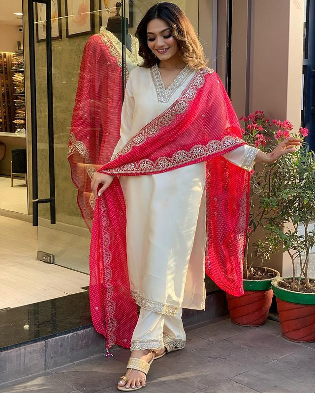Women's Viscose Embroidered Straight Kurta with Viscose Pant &  Pure Georgette Printed Dupatta Set