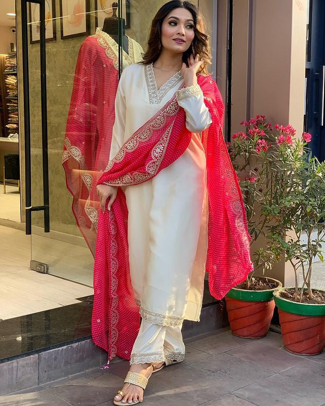 Women's Viscose Embroidered Straight Kurta with Viscose Pant &  Pure Georgette Printed Dupatta Set